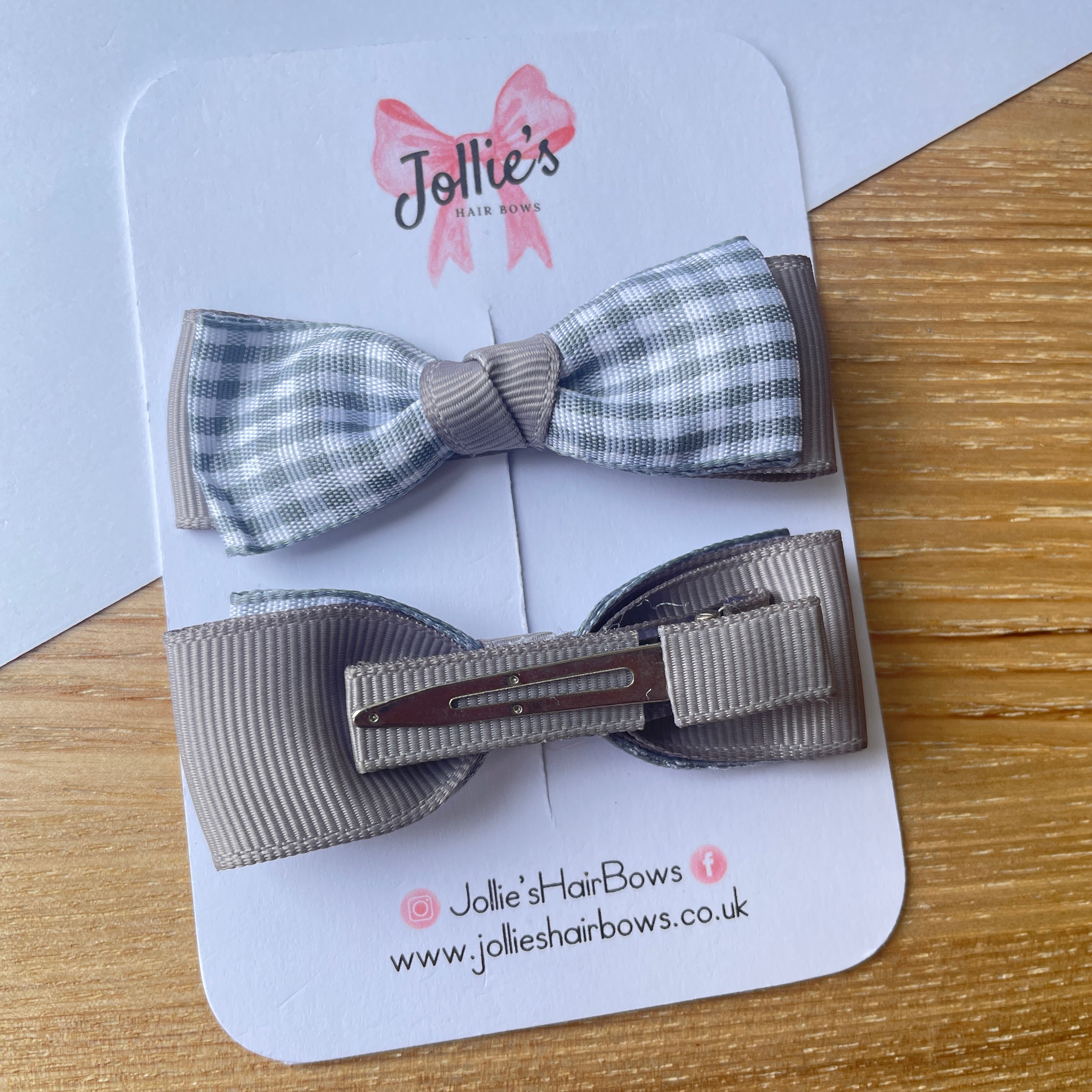 2.5" Silver Gingham Bow Clip Set – Hair Bows for Girls (Pair)