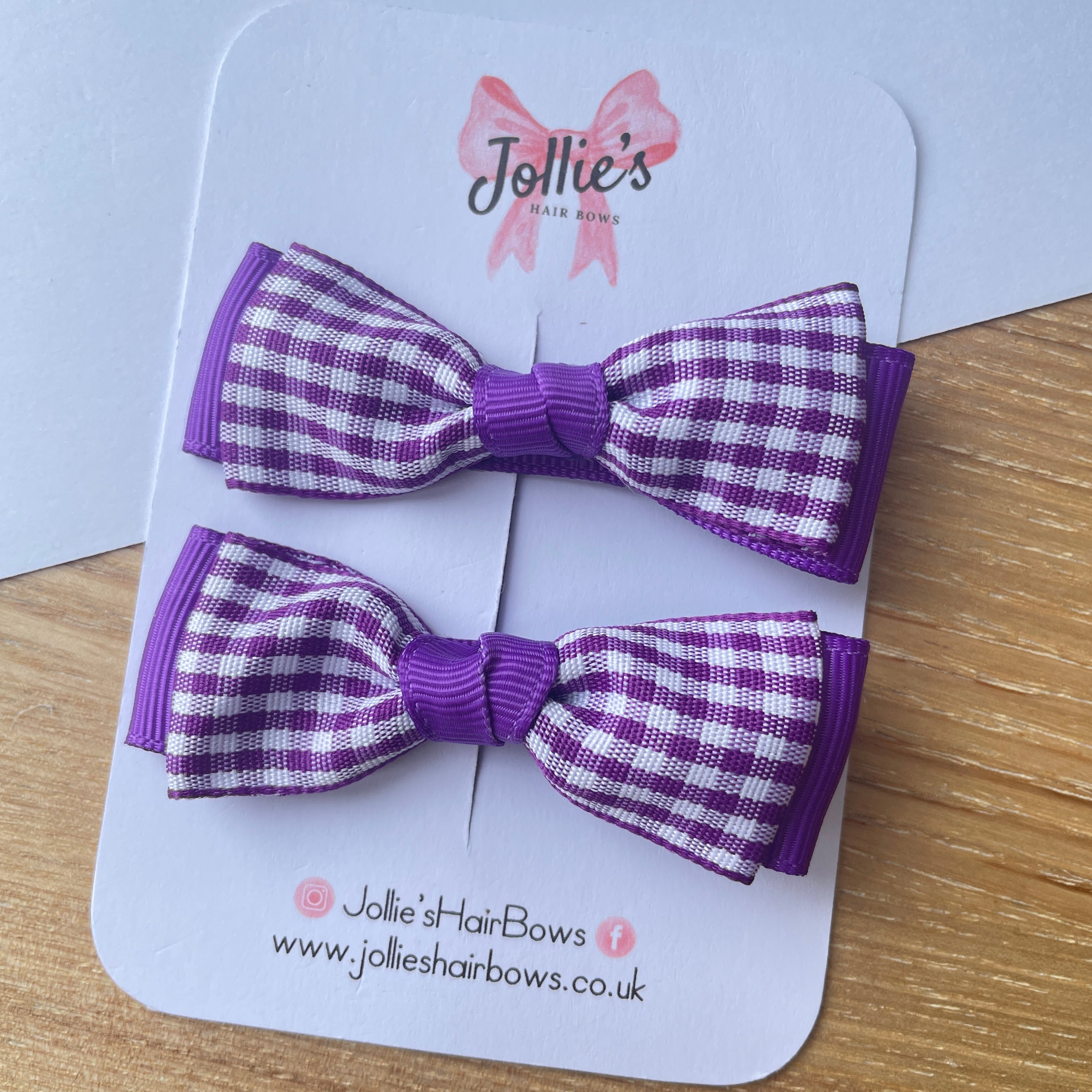 2.5" Purple Gingham Bow Clip Set – Hair Bows for Girls (Pair)