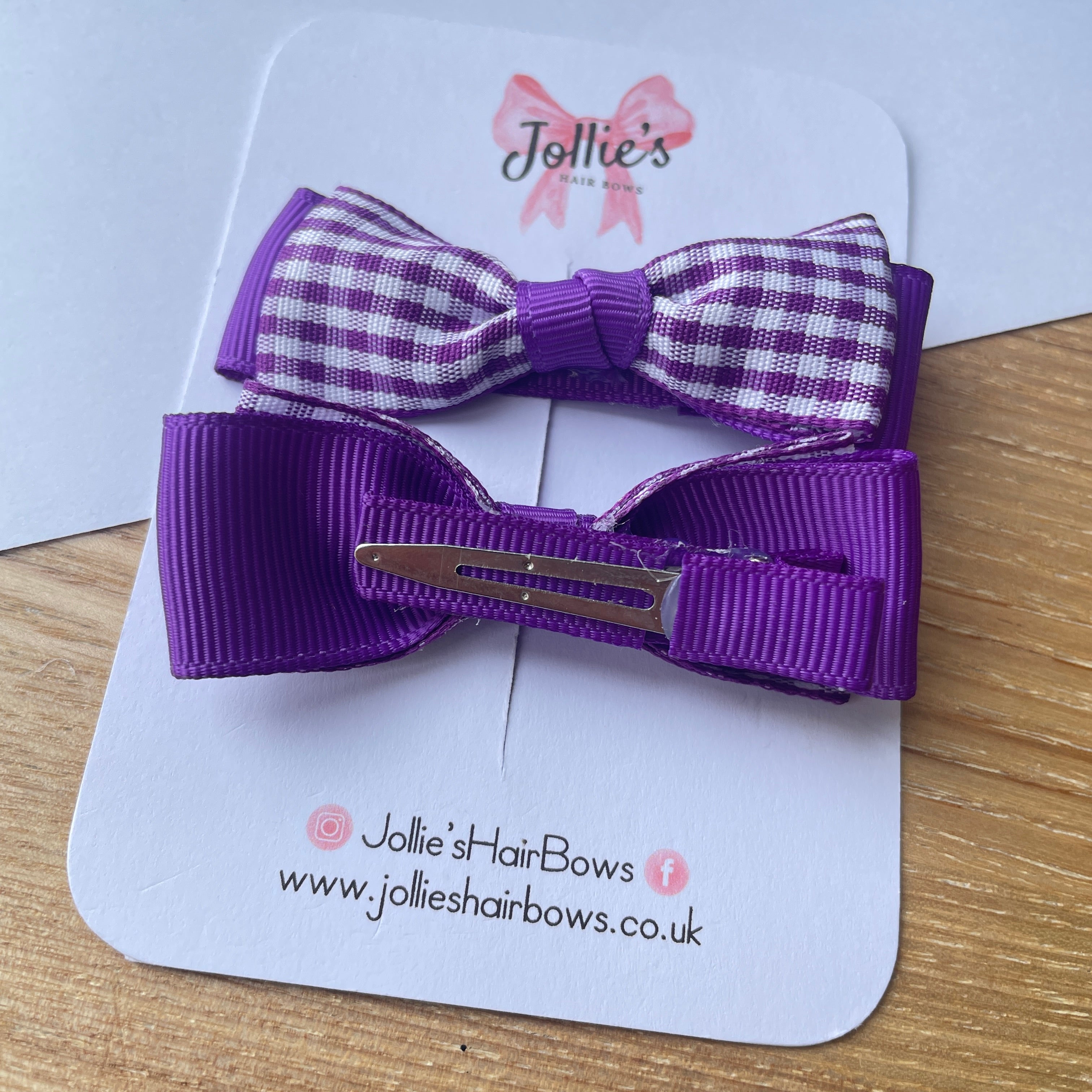 2.5" Purple Gingham Bow Clip Set – Hair Bows for Girls (Pair)