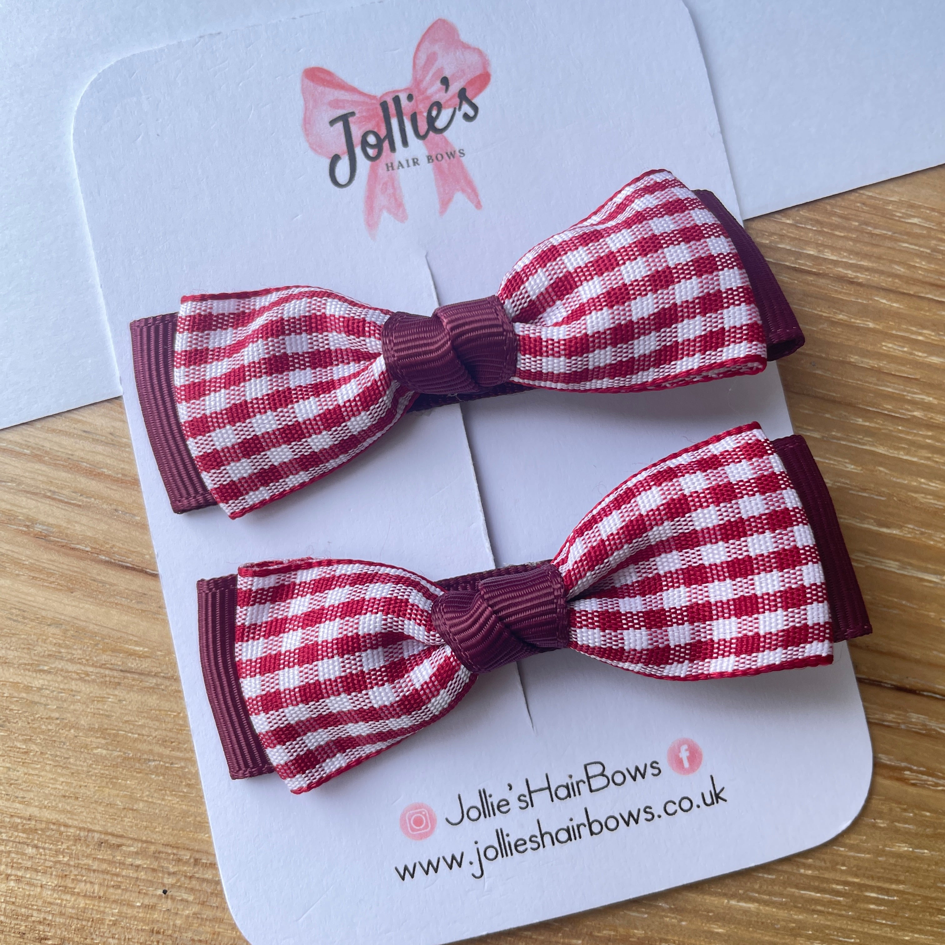 2.5" Burgundy Gingham Bow Clip Set – Hair Bows for Girls (Pair)