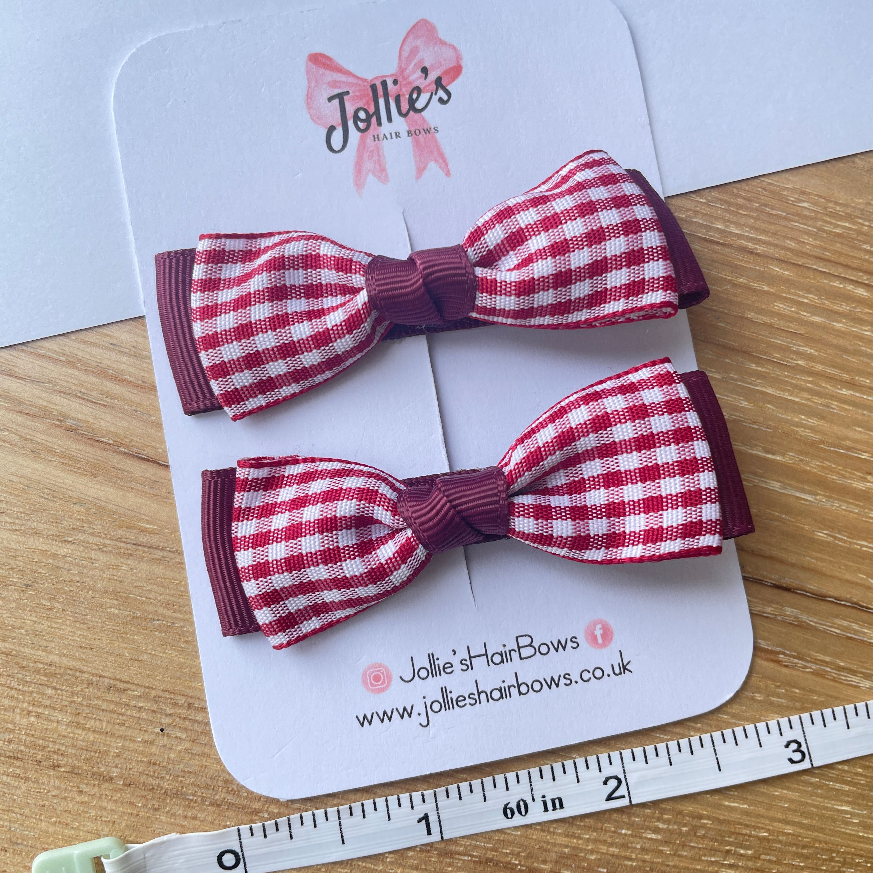 2.5" Burgundy Gingham Bow Clip Set – Hair Bows for Girls (Pair)