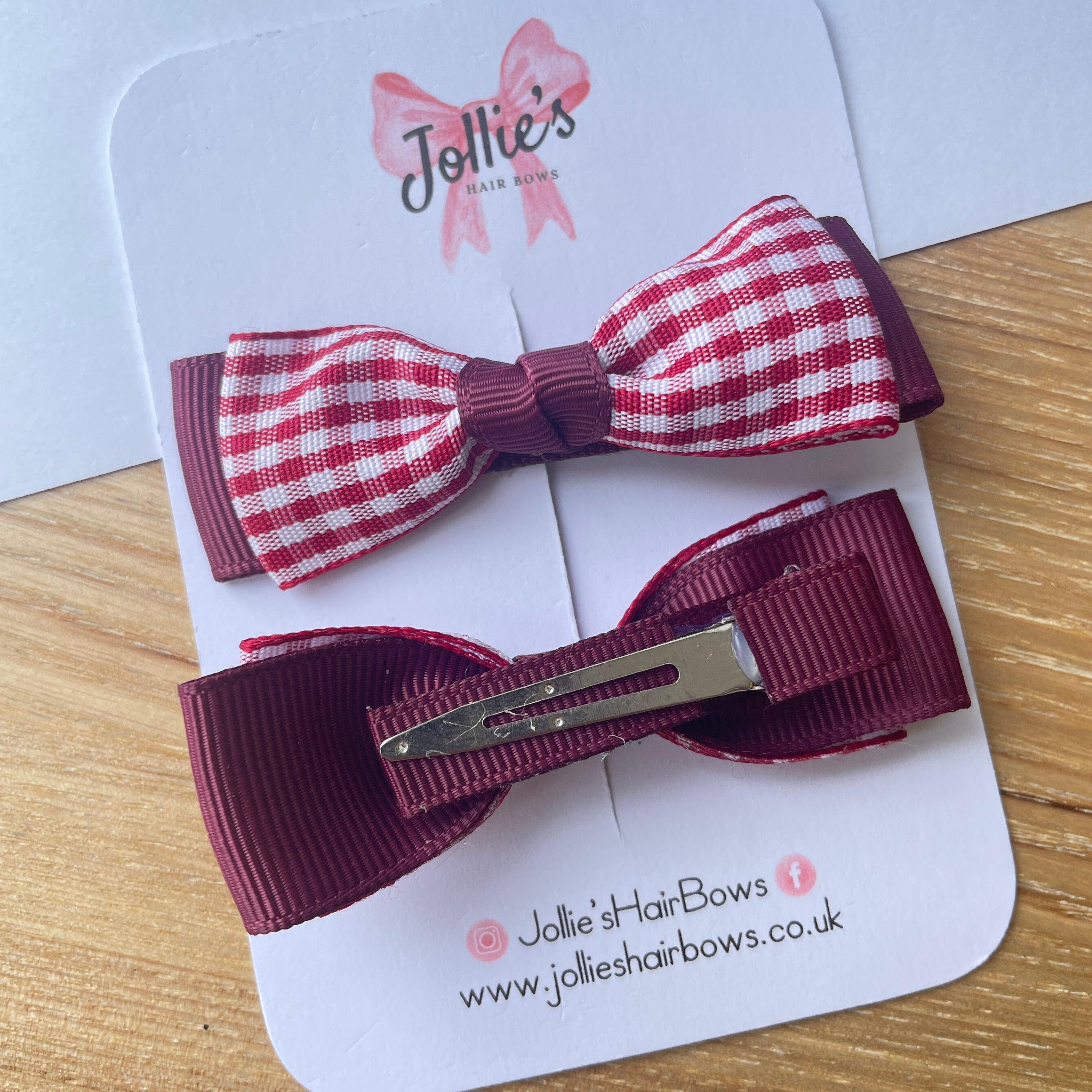 2.5" Burgundy Gingham Bow Clip Set – Hair Bows for Girls (Pair)