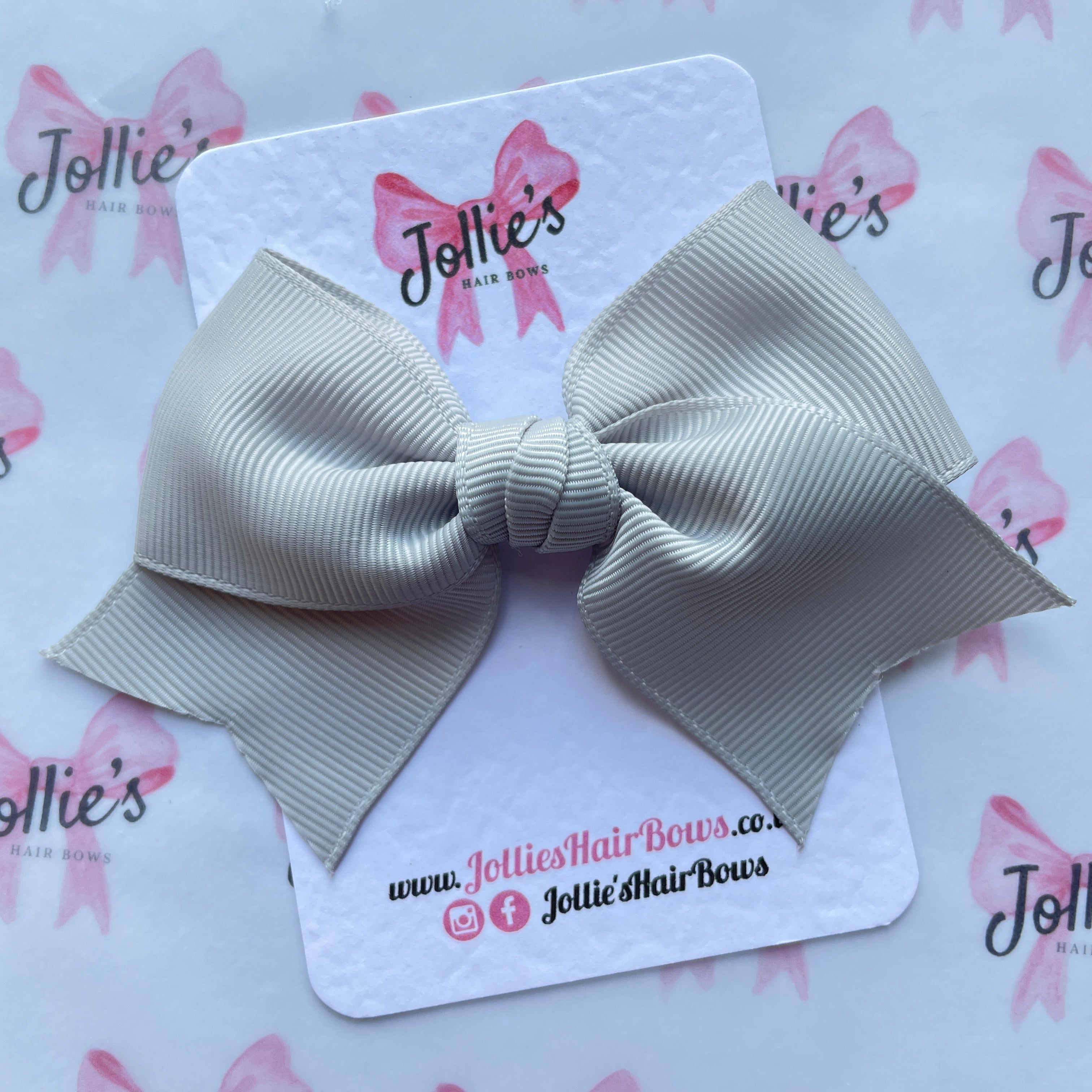 4" Shell Grey Classic Hair Bow – Grosgrain Ribbon with Lined Alligator Clip