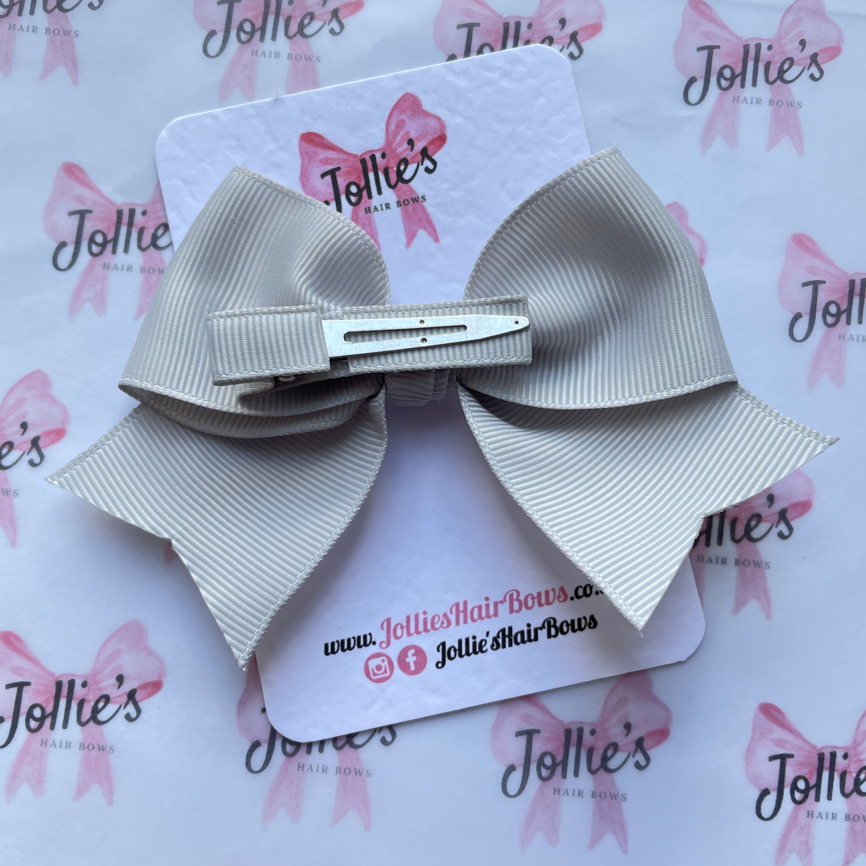4" Shell Grey Classic Hair Bow – Grosgrain Ribbon with Lined Alligator Clip