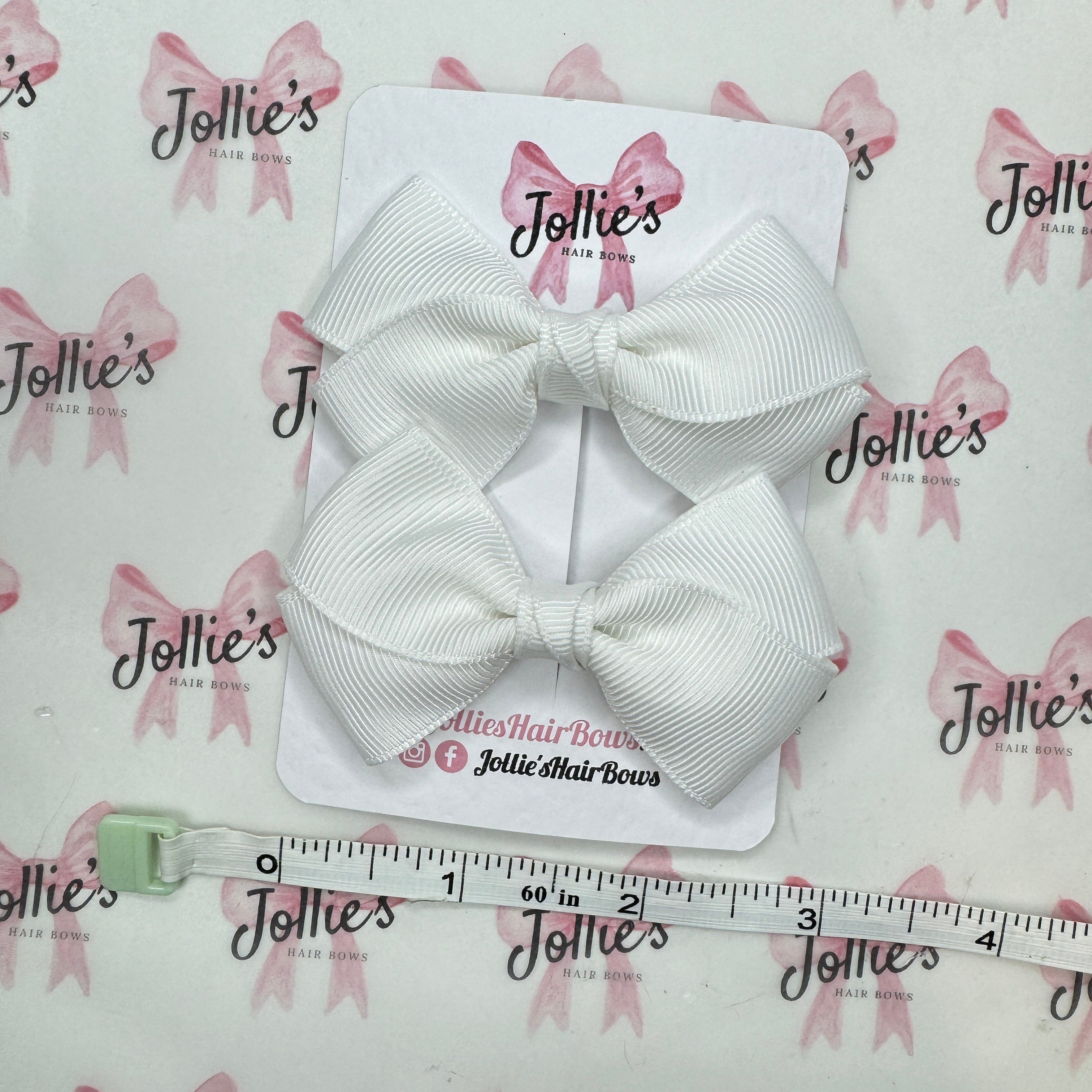 3" White Twisty Hair Bow Pair – Grosgrain Ribbon Clips with Teeth