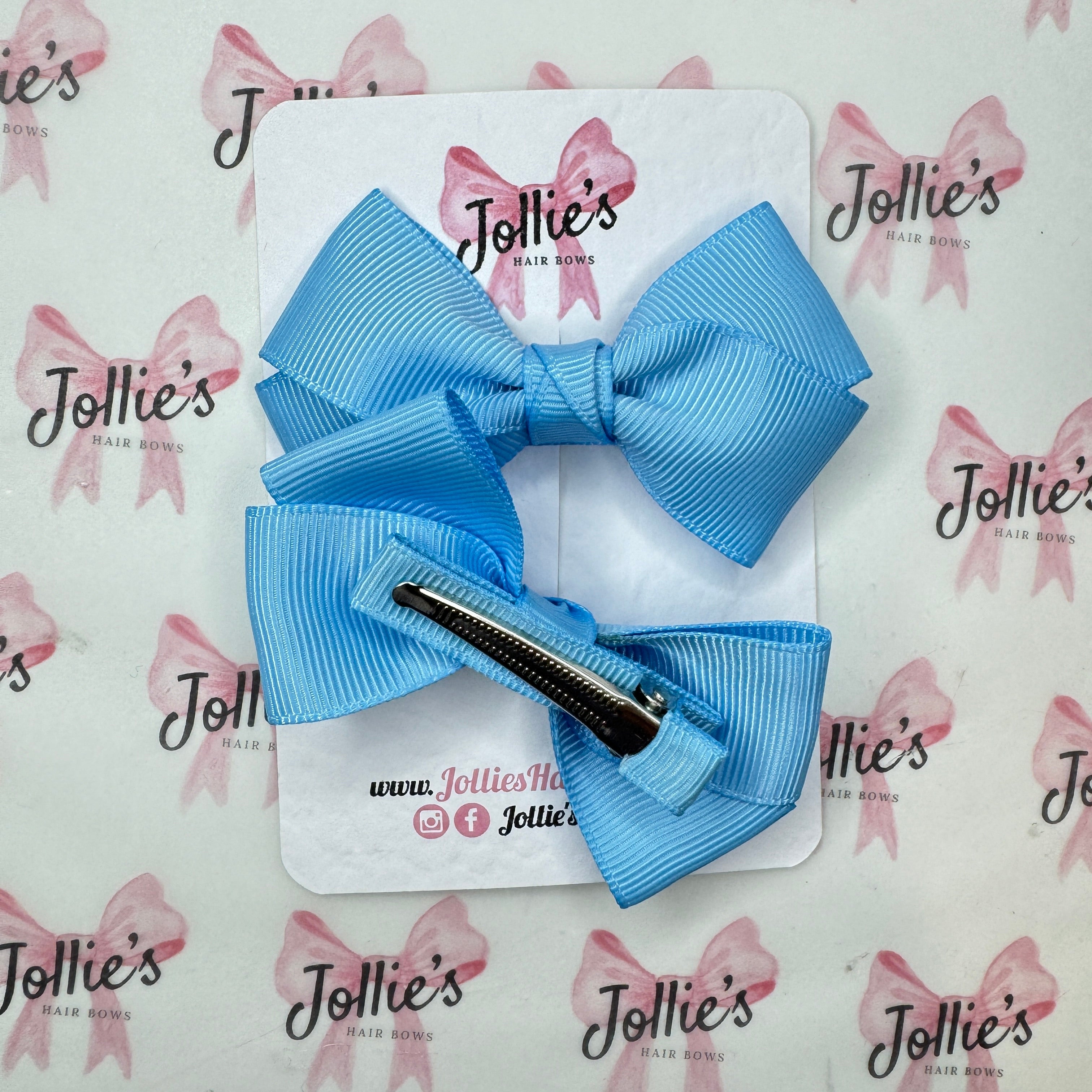 3" Blue Mist Twisty Hair Bow Pair – Grosgrain Ribbon Clips with Teeth