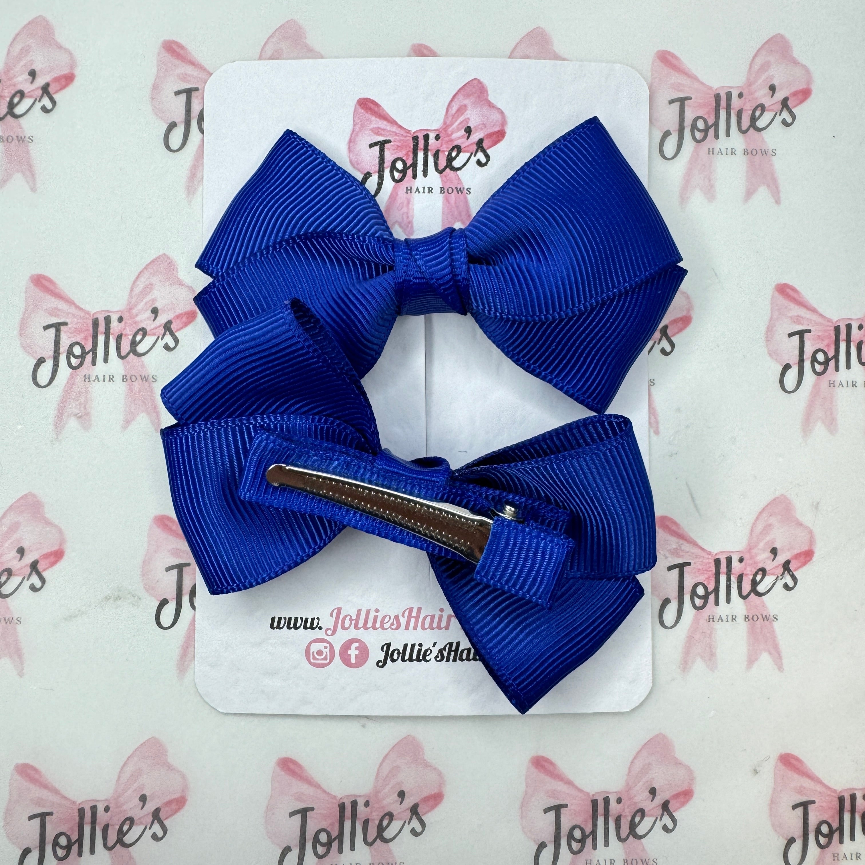 3" Cobalt Twisty Hair Bow Pair - Grosgrain Ribbon Clips with Teeth