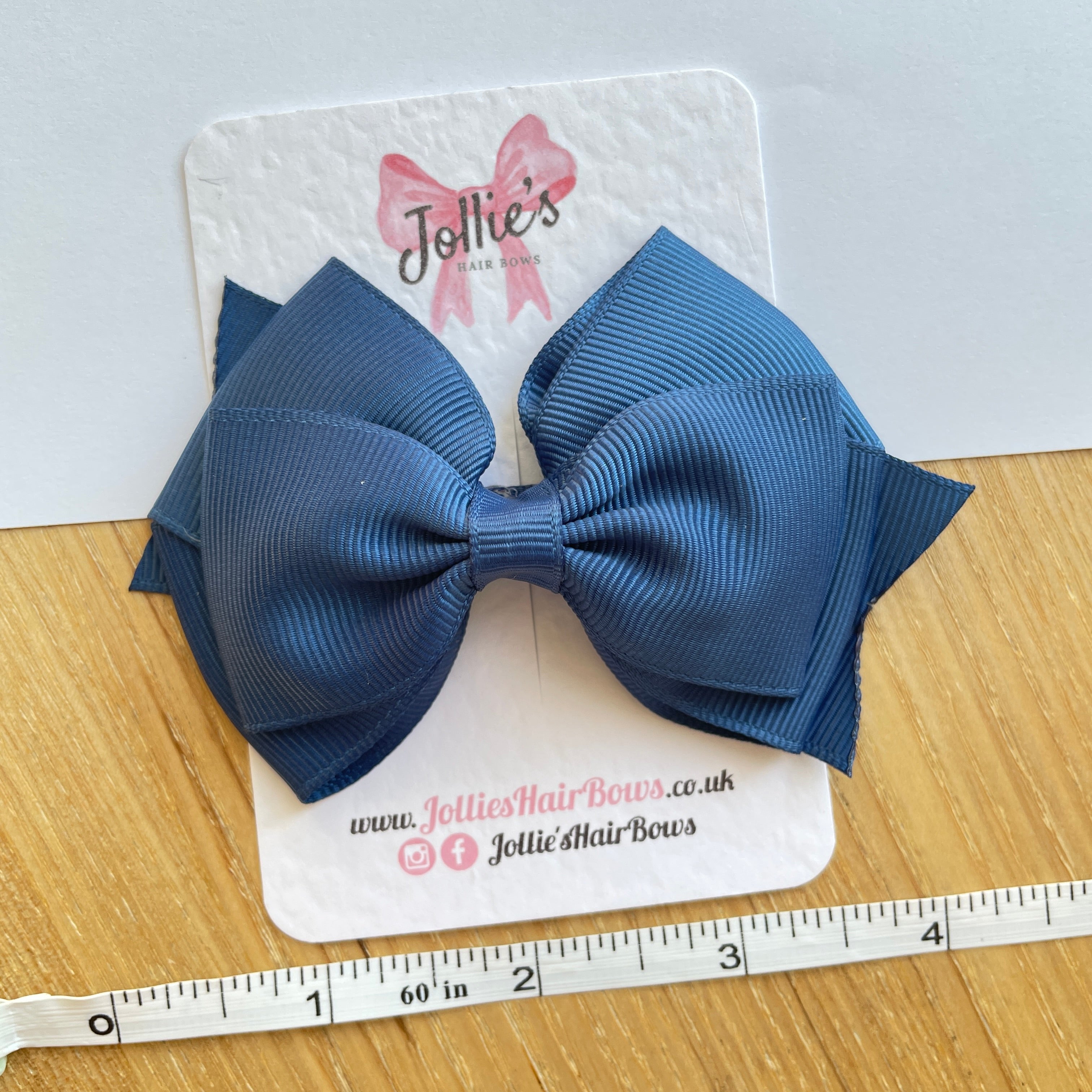 4" Light Navy Triple Layer Hair Bow – Grosgrain Ribbon with Lined Alligator Clip