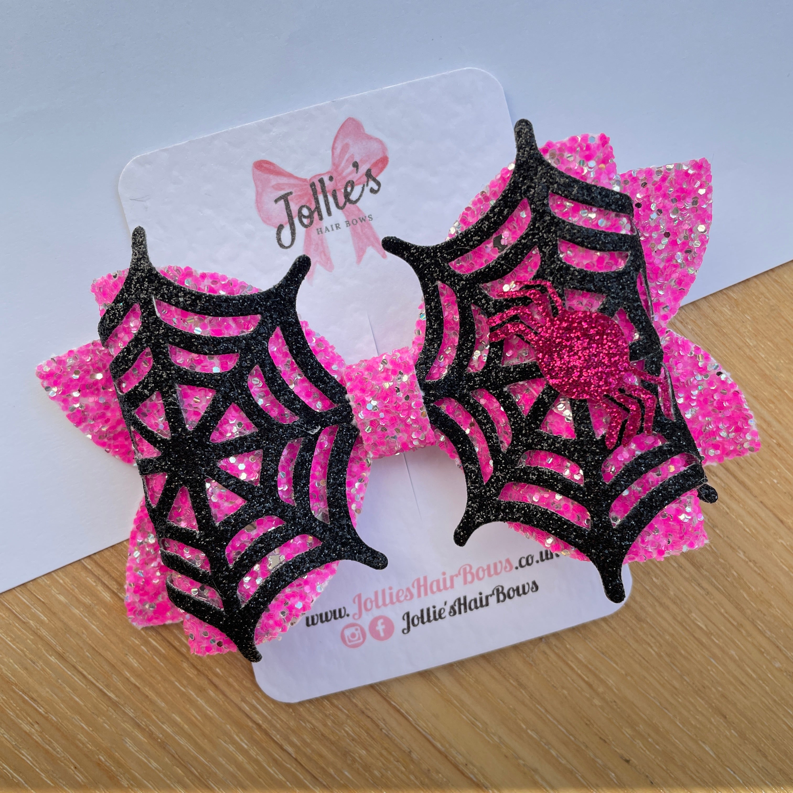 5" Pink & Black Glitter Halloween Spider Bow with Clip – Statement Hair Bow
