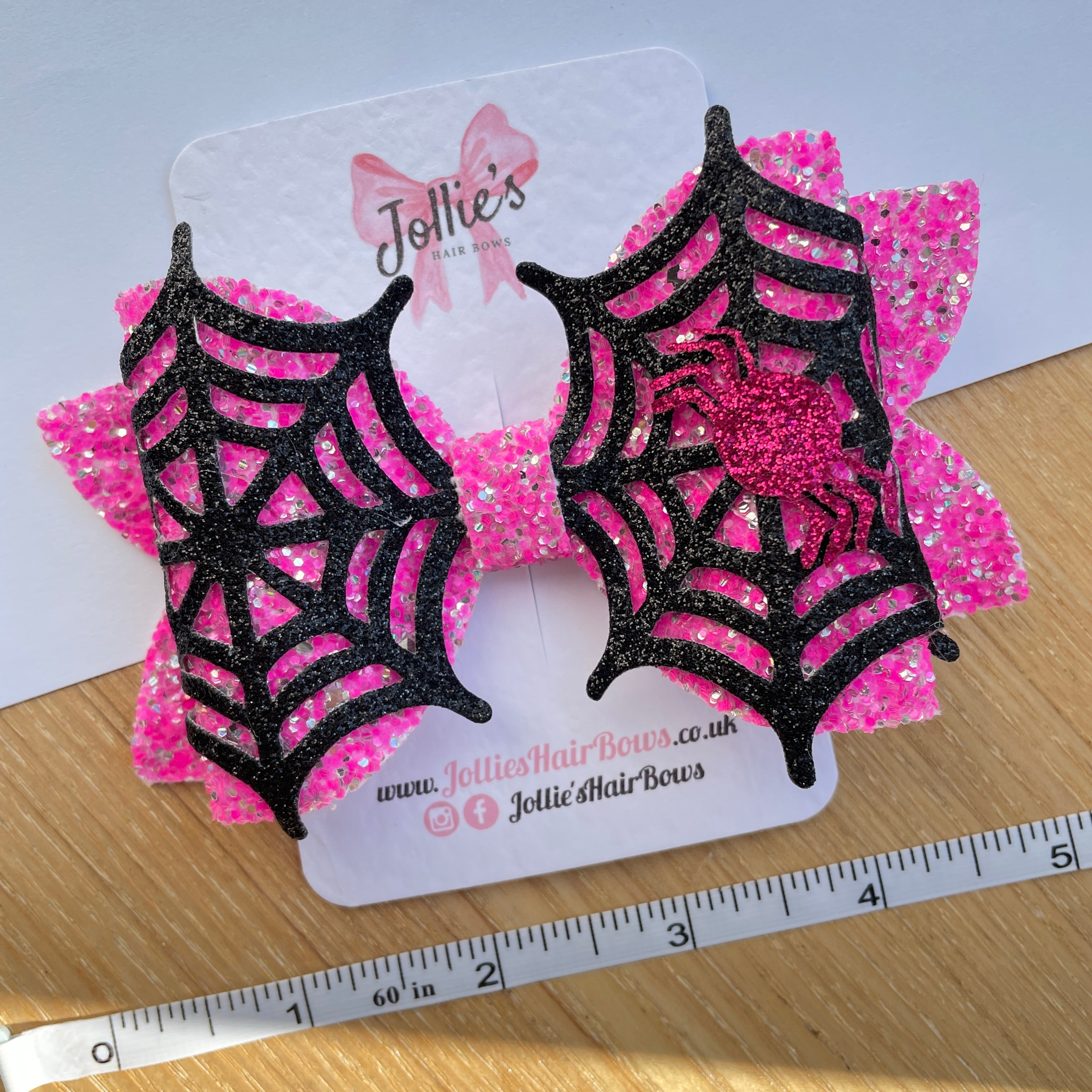 5" Pink & Black Glitter Halloween Spider Bow with Clip – Statement Hair Bow