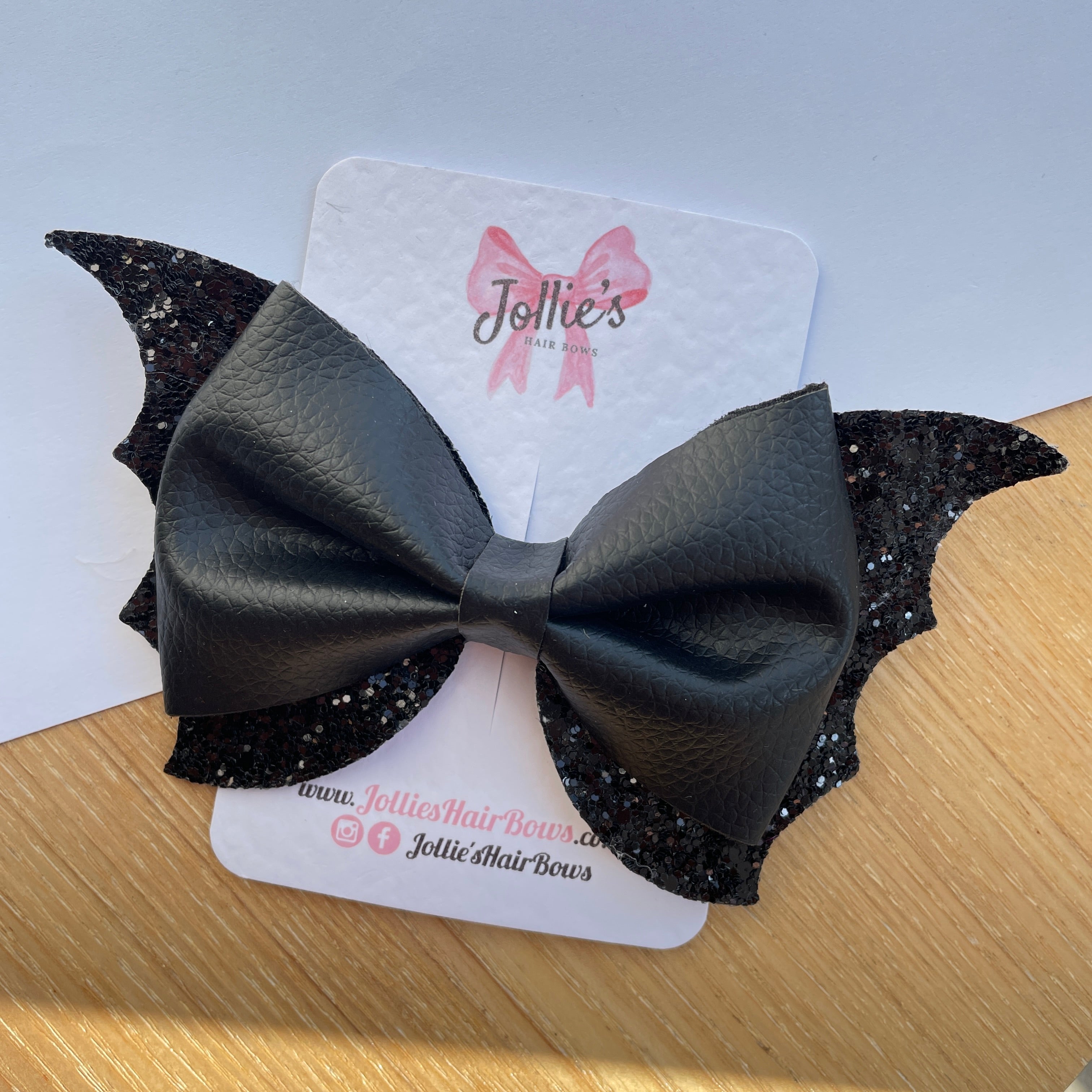 5" Black Glitter Halloween Bat Bow with Clip – Statement Hair Bow