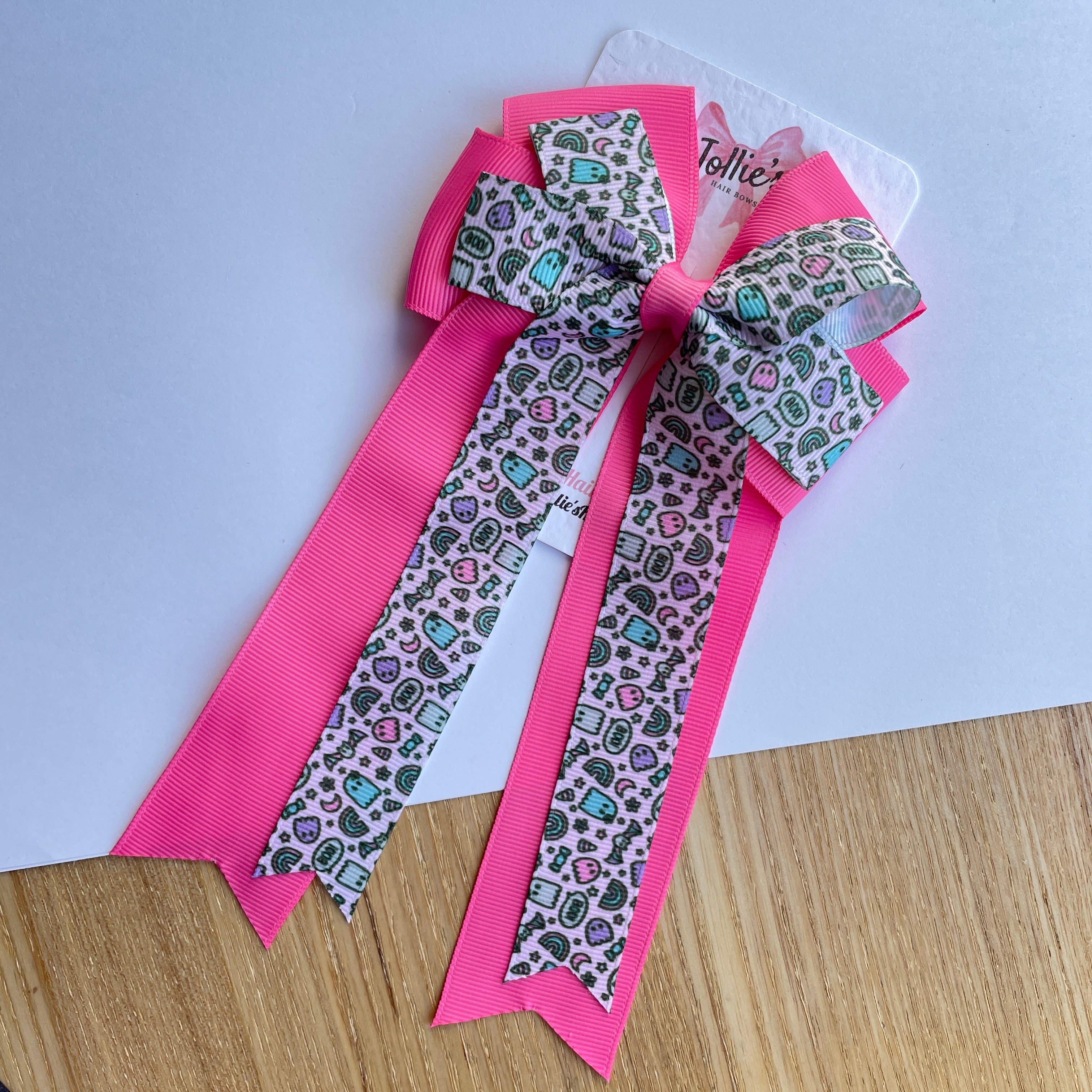 4.5" Halloween Pink Ghost Print Double Layer Tail Bow with Clip – Grosgrain Ribbon