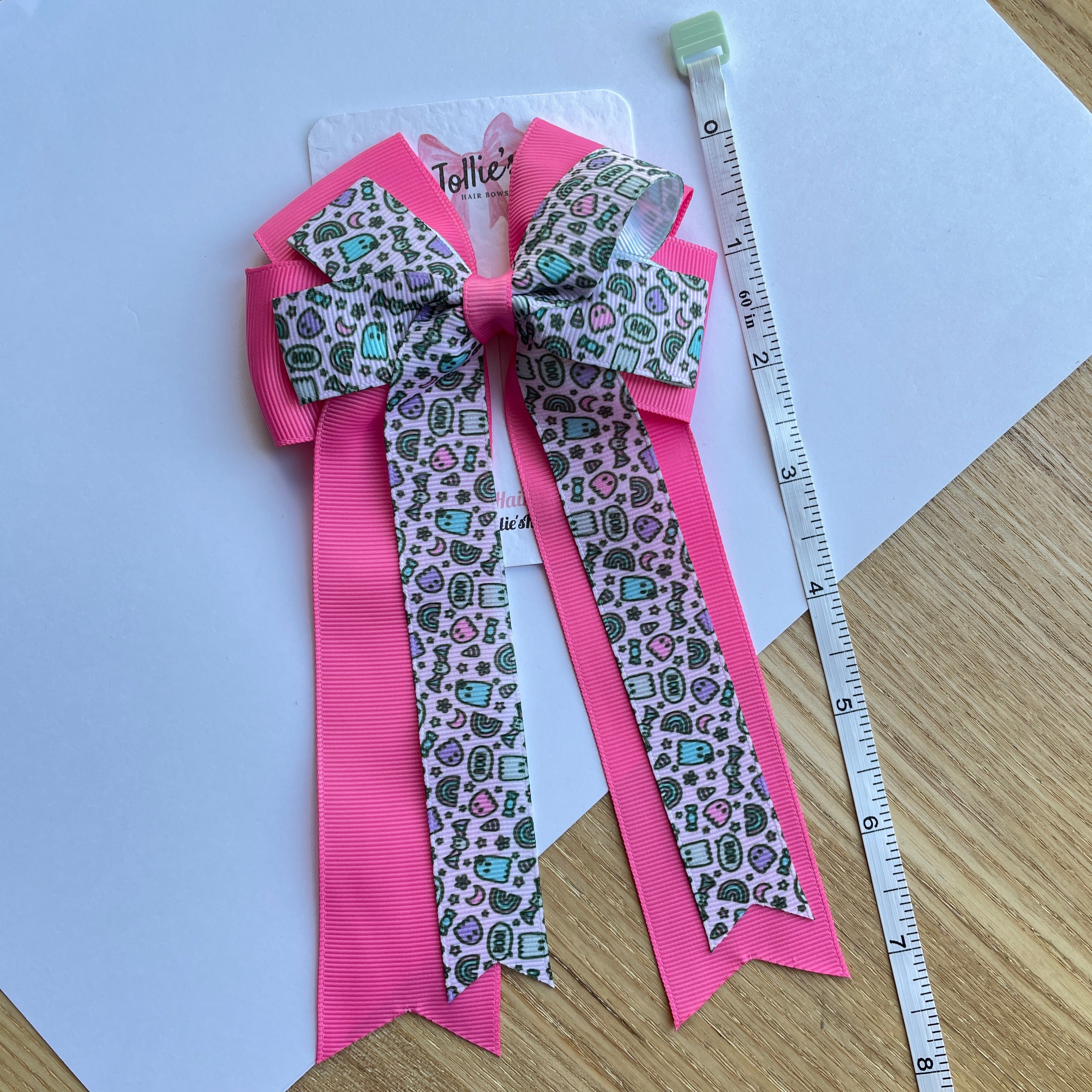 4.5" Halloween Pink Ghost Print Double Layer Tail Bow with Clip – Grosgrain Ribbon