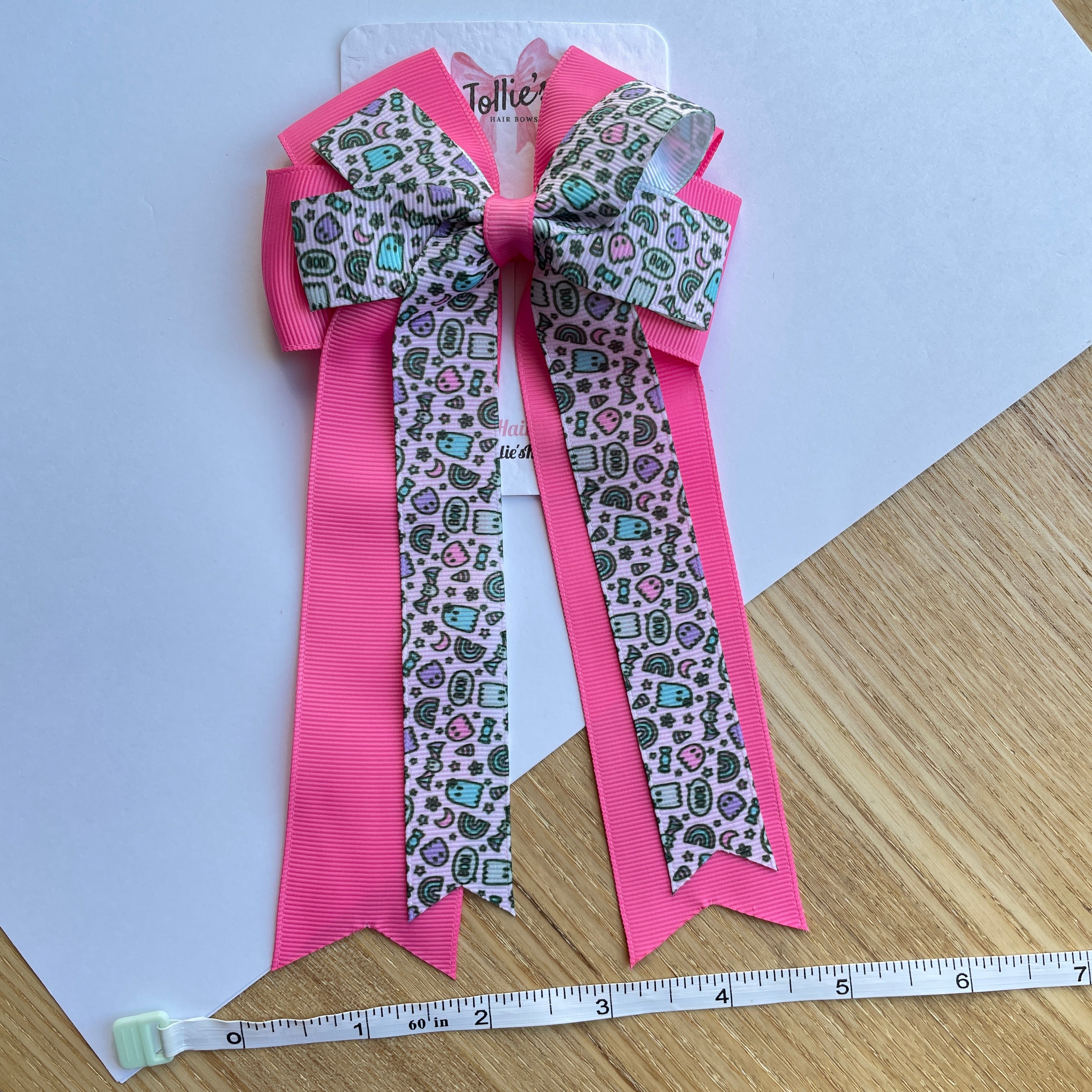 4.5" Halloween Pink Ghost Print Double Layer Tail Bow with Clip – Grosgrain Ribbon