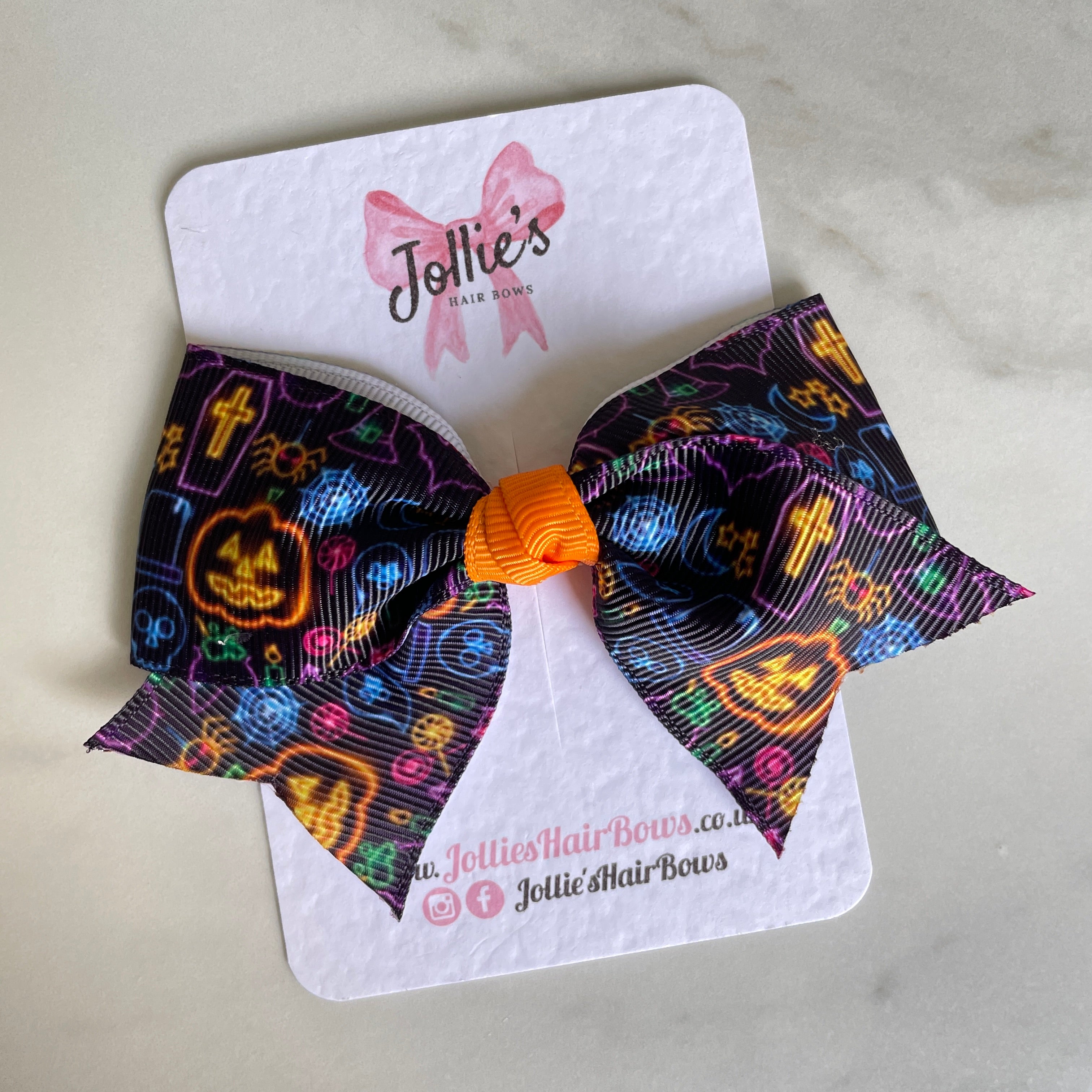 4" Black Spooky Light Halloween Classic Hair Bow – Grosgrain Ribbon with Lined Alligator Clip