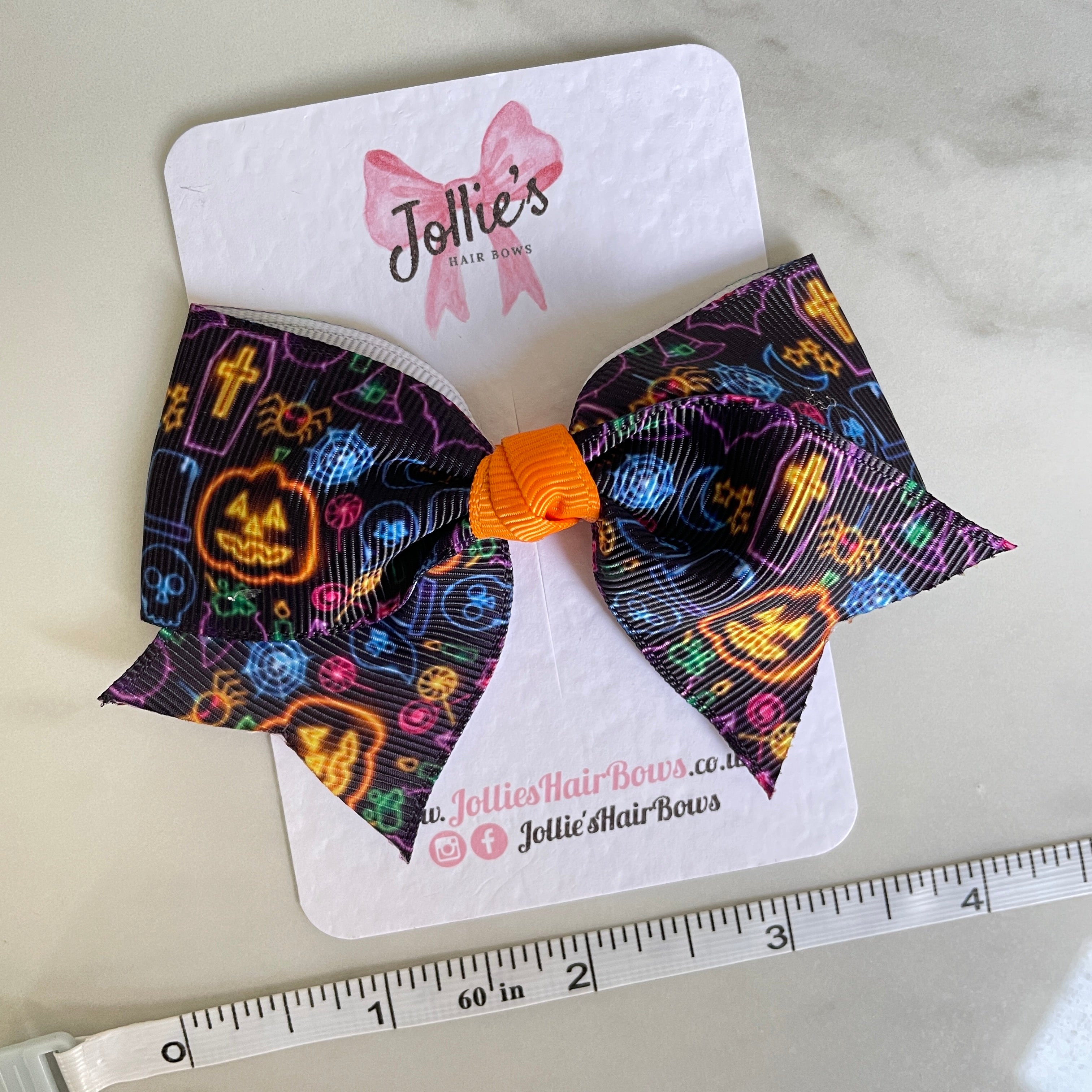 4" Black Spooky Light Halloween Classic Hair Bow – Grosgrain Ribbon with Lined Alligator Clip