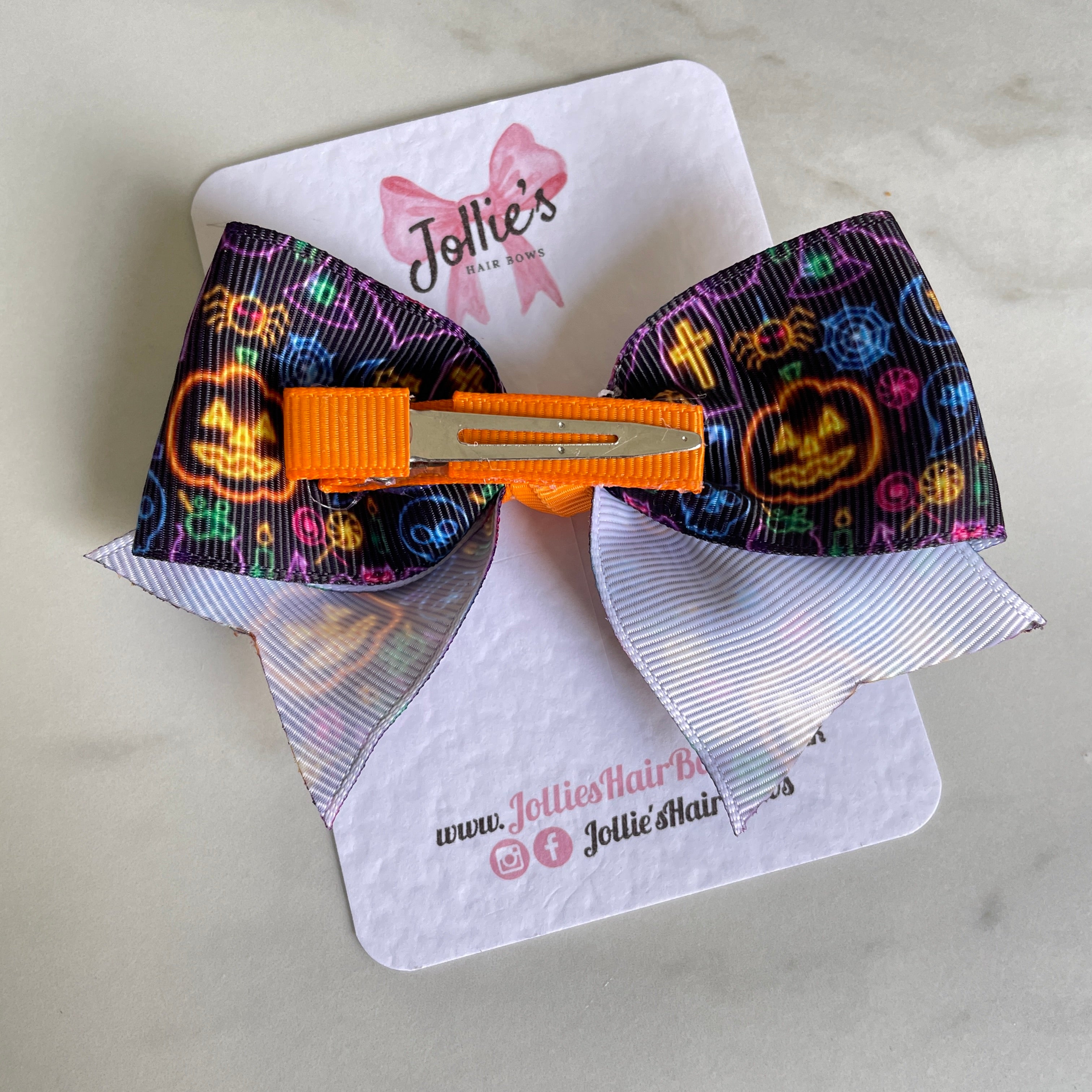 4" Black Spooky Light Halloween Classic Hair Bow – Grosgrain Ribbon with Lined Alligator Clip