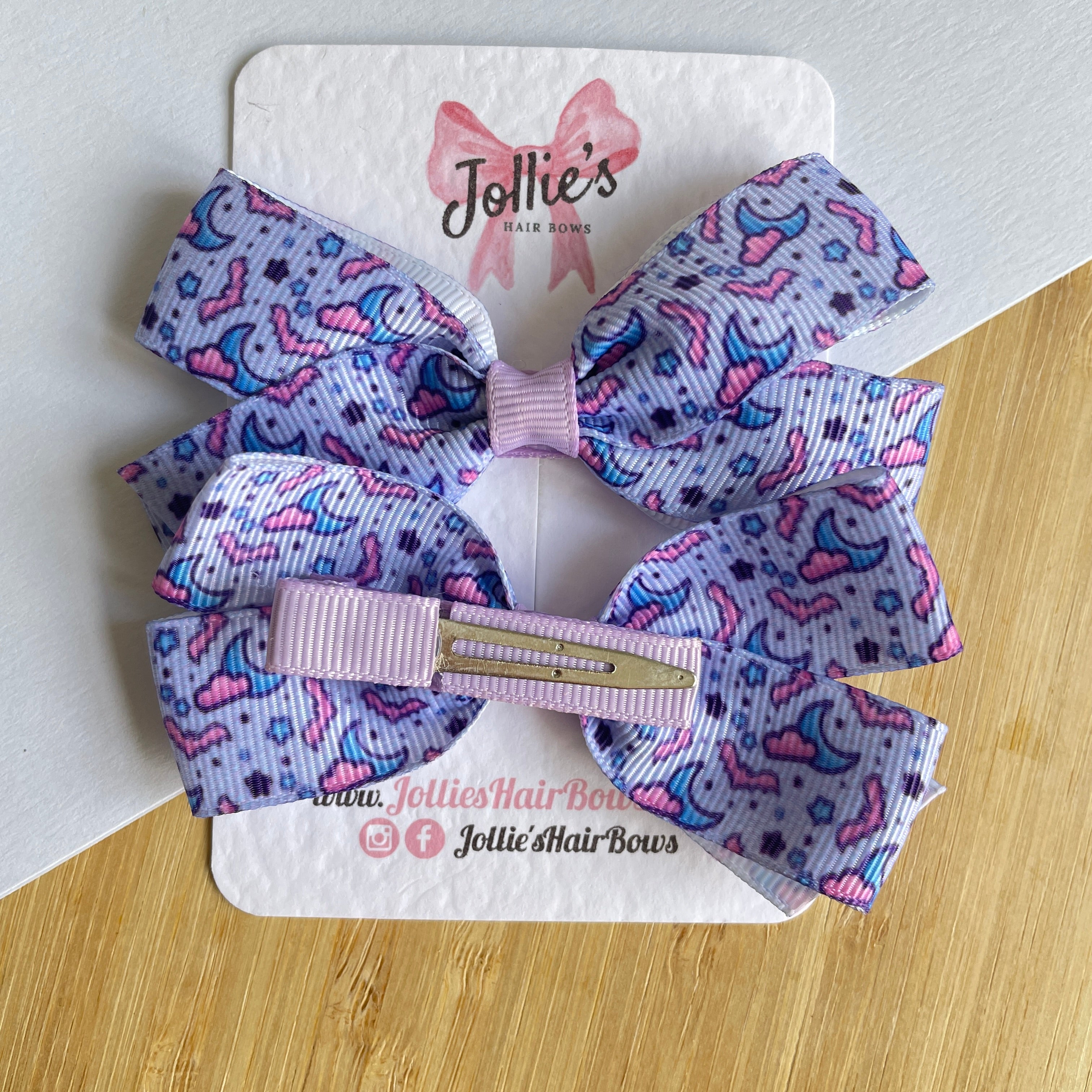 3.5" Lilac Bat and Moon Halloween Hair Bows with Clip (Pair) – Grosgrain Ribbon
