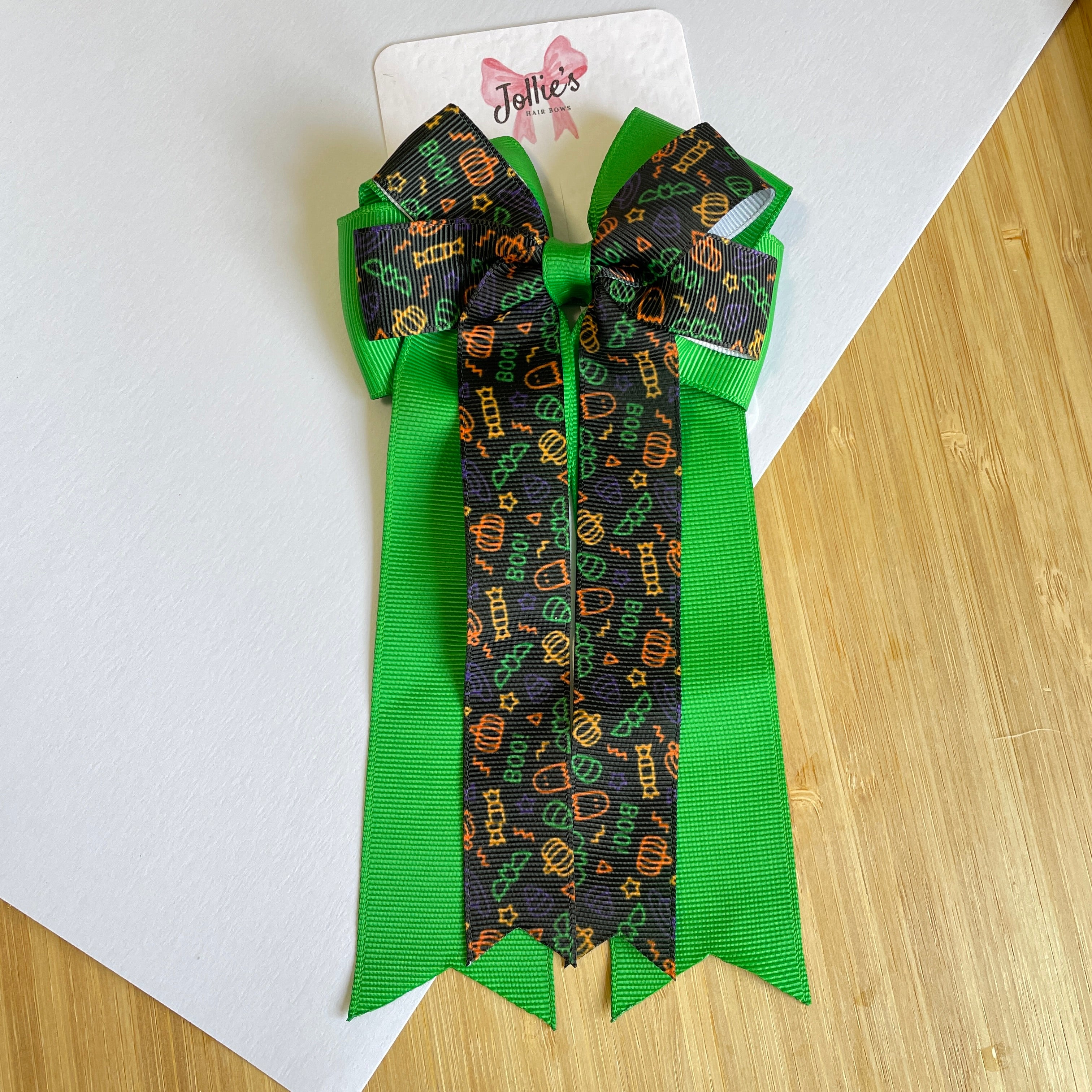 4.5" Halloween Green Pumpkin & Boo Double Layer Tail Bow with Clip – Grosgrain Ribbon