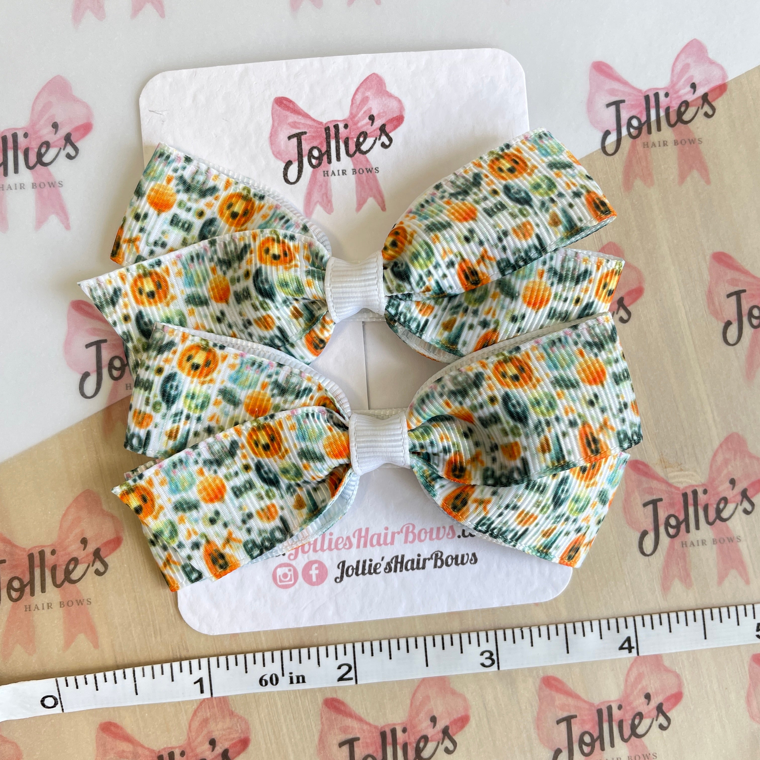 3.5" White Pumpkin Halloween Hair Bows with Clip (Pair) – Grosgrain Ribbon