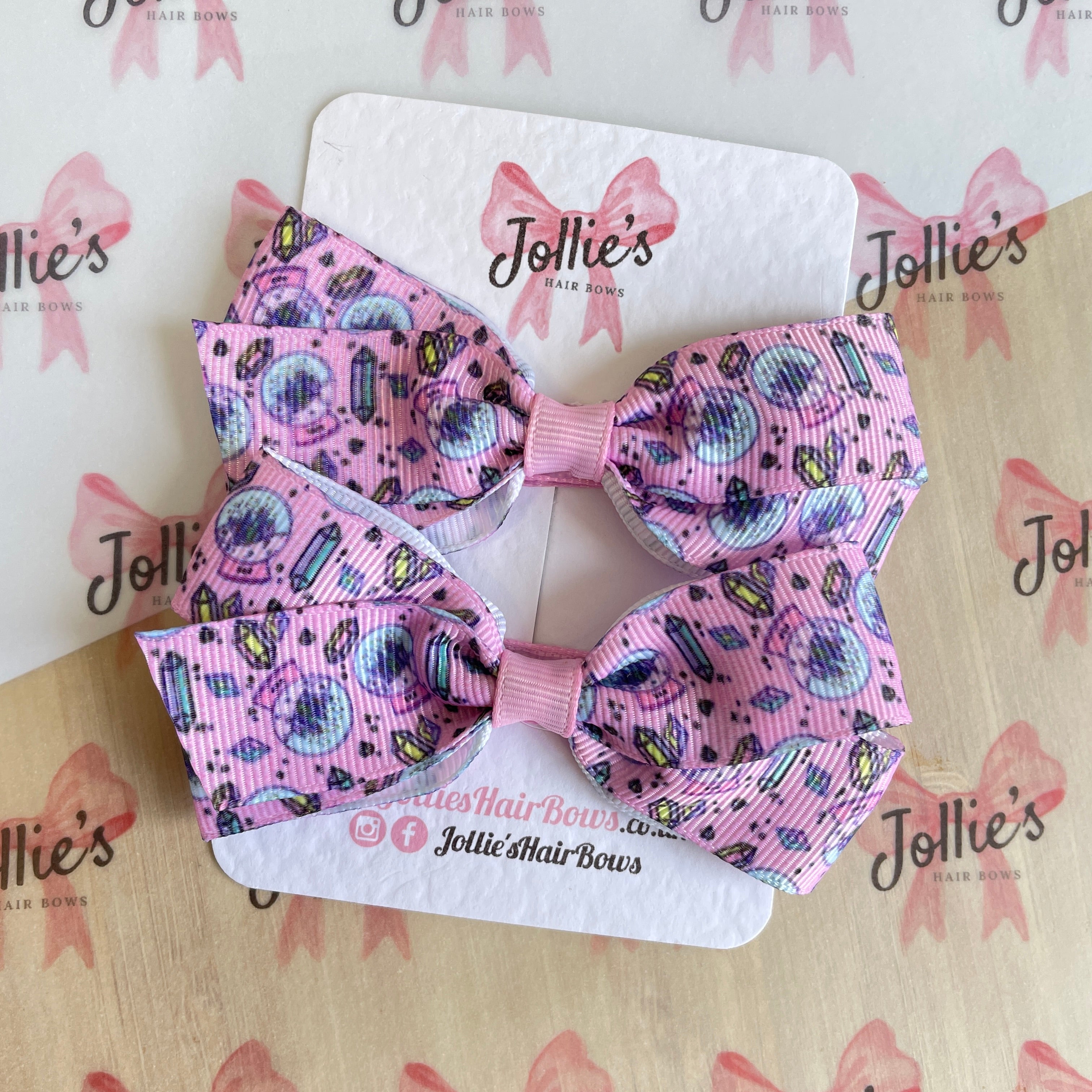 3.5" Pink Crystal Halloween Hair Bows with Clip (Pair) – Grosgrain Ribbon