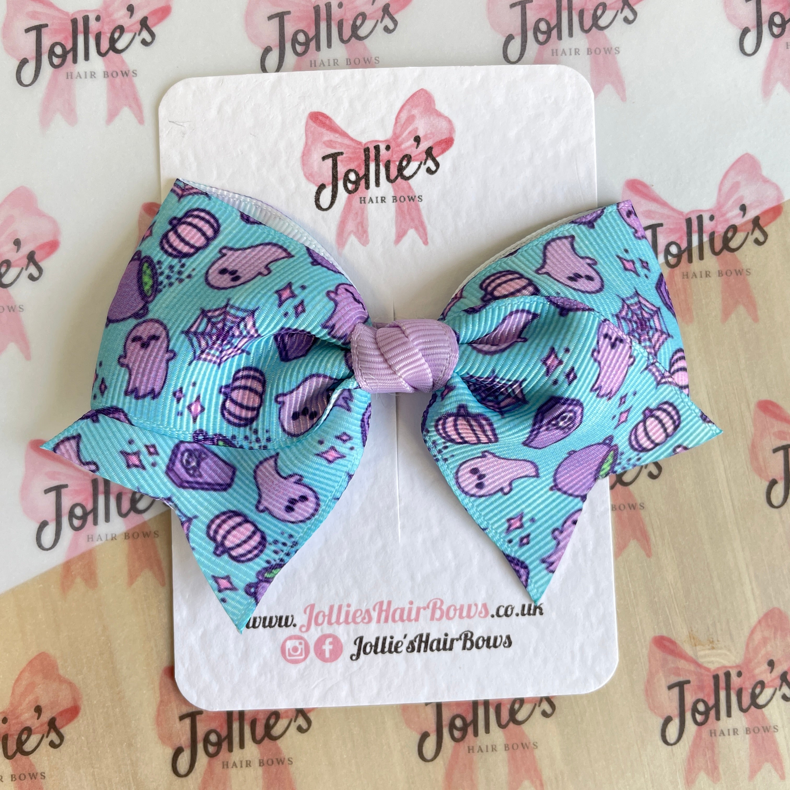 4" Blue Spooky Halloween Classic Hair Bow – Grosgrain Ribbon with Lined Alligator Clip
