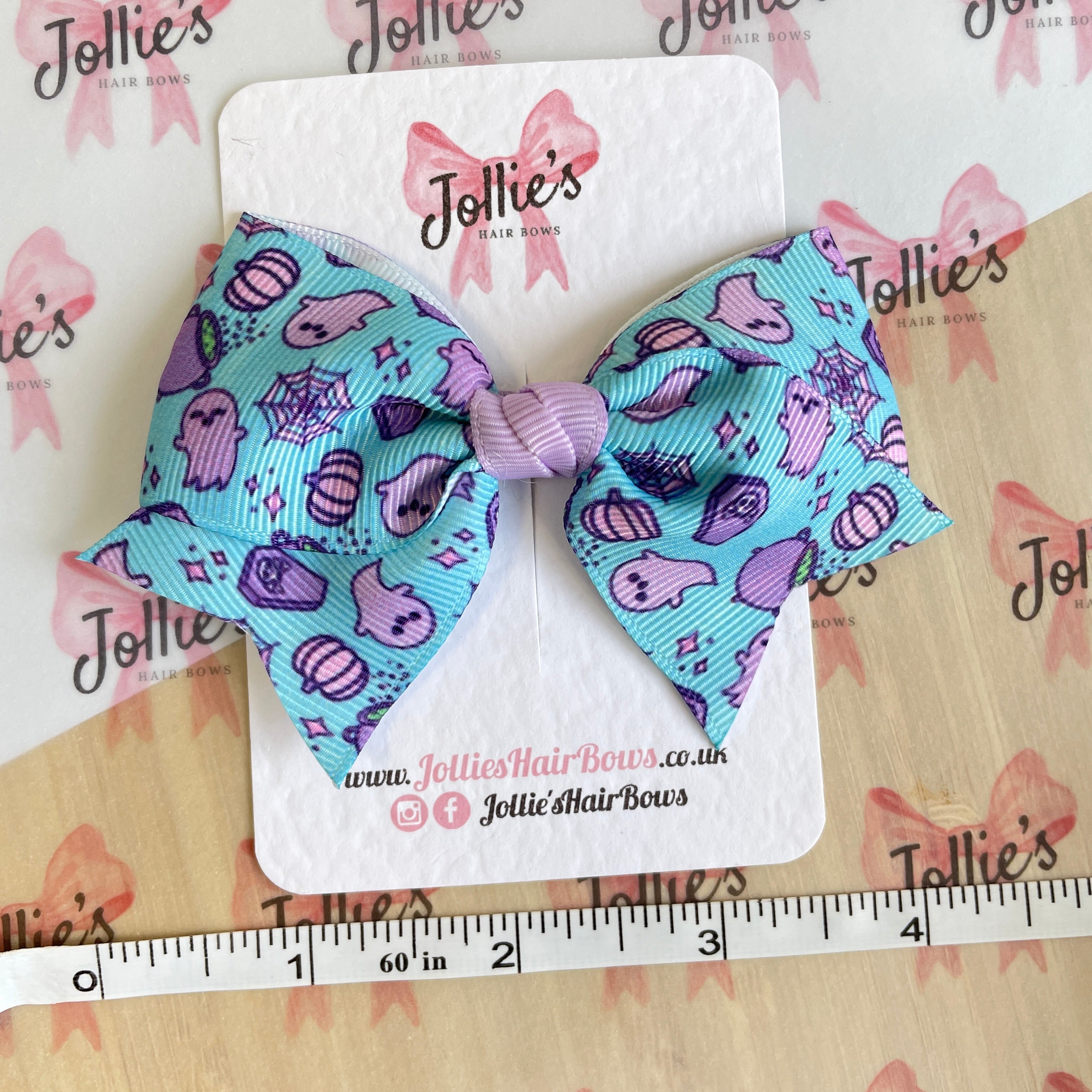 4" Blue Spooky Halloween Classic Hair Bow – Grosgrain Ribbon with Lined Alligator Clip