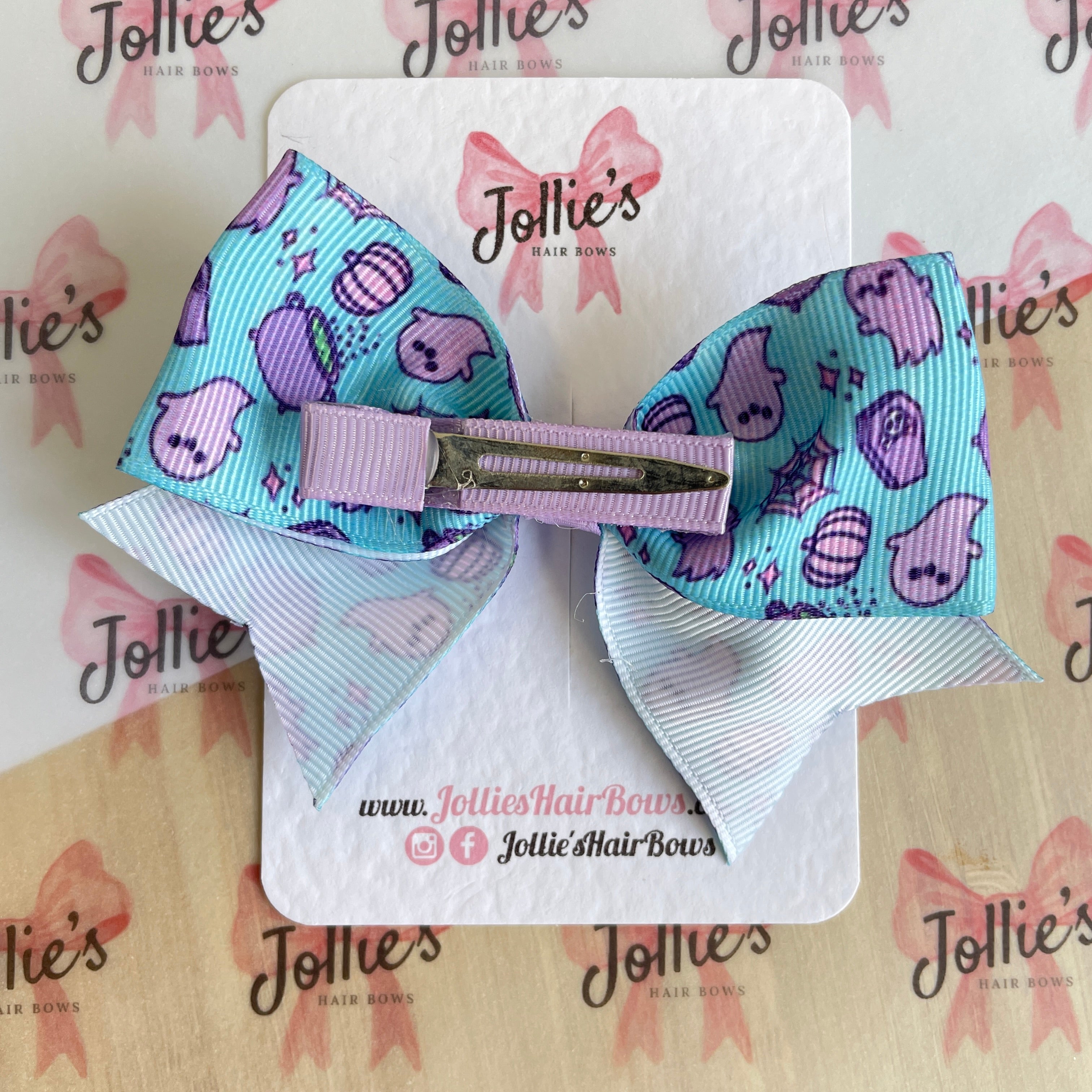 4" Blue Spooky Halloween Classic Hair Bow – Grosgrain Ribbon with Lined Alligator Clip
