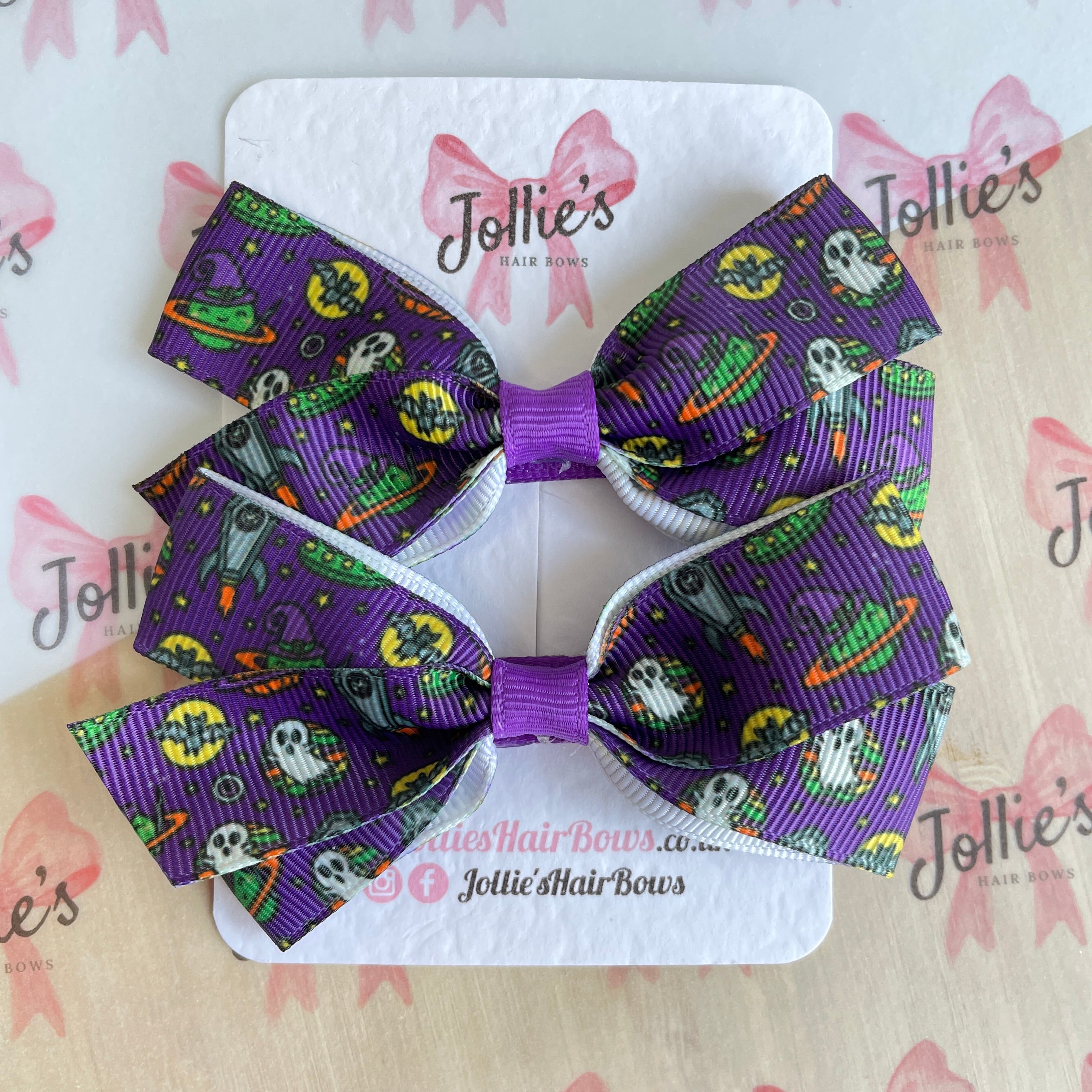3.5" Purple Spooky Halloween Hair Bows with Clip (Pair) – Grosgrain Ribbon
