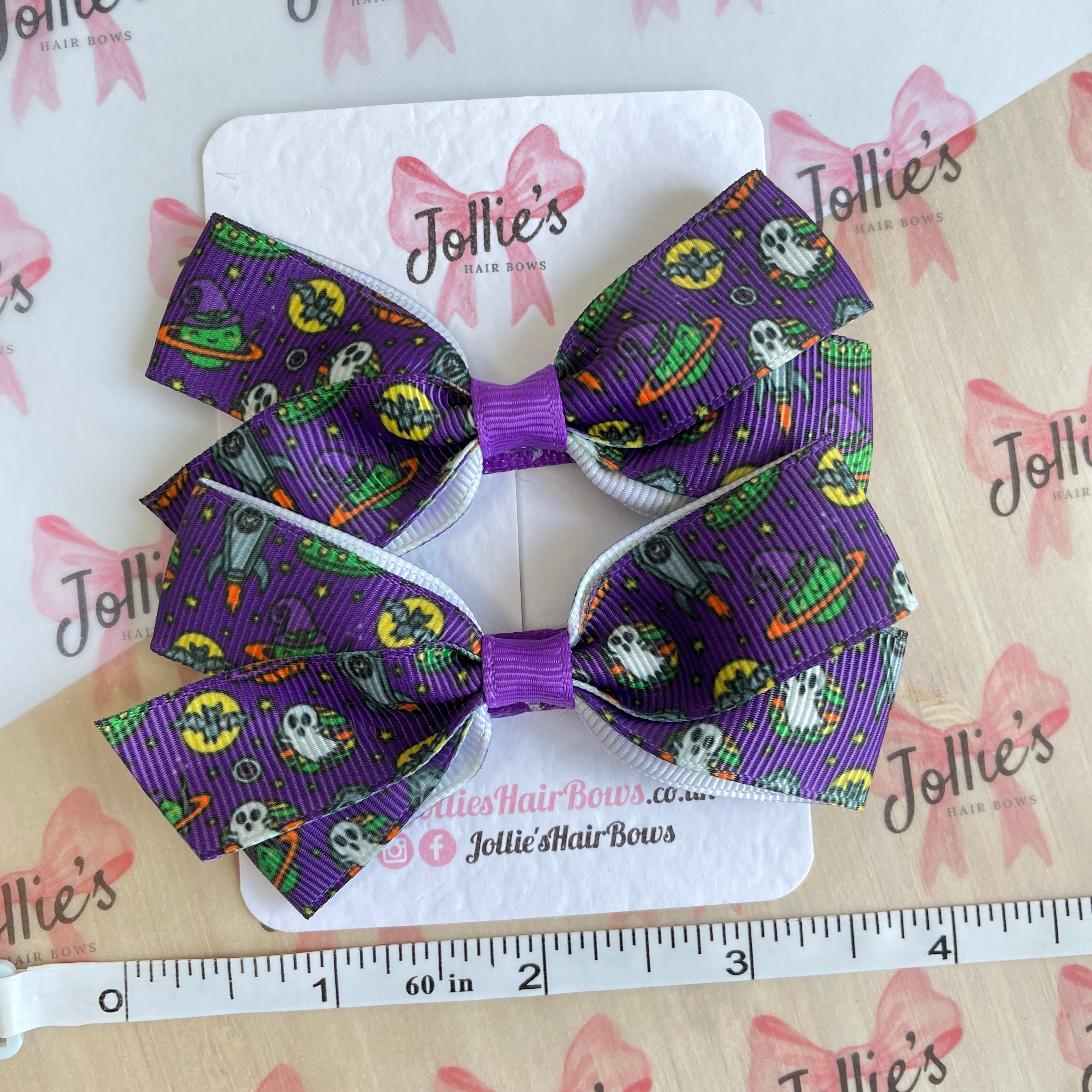 3.5" Purple Spooky Halloween Hair Bows with Clip (Pair) – Grosgrain Ribbon