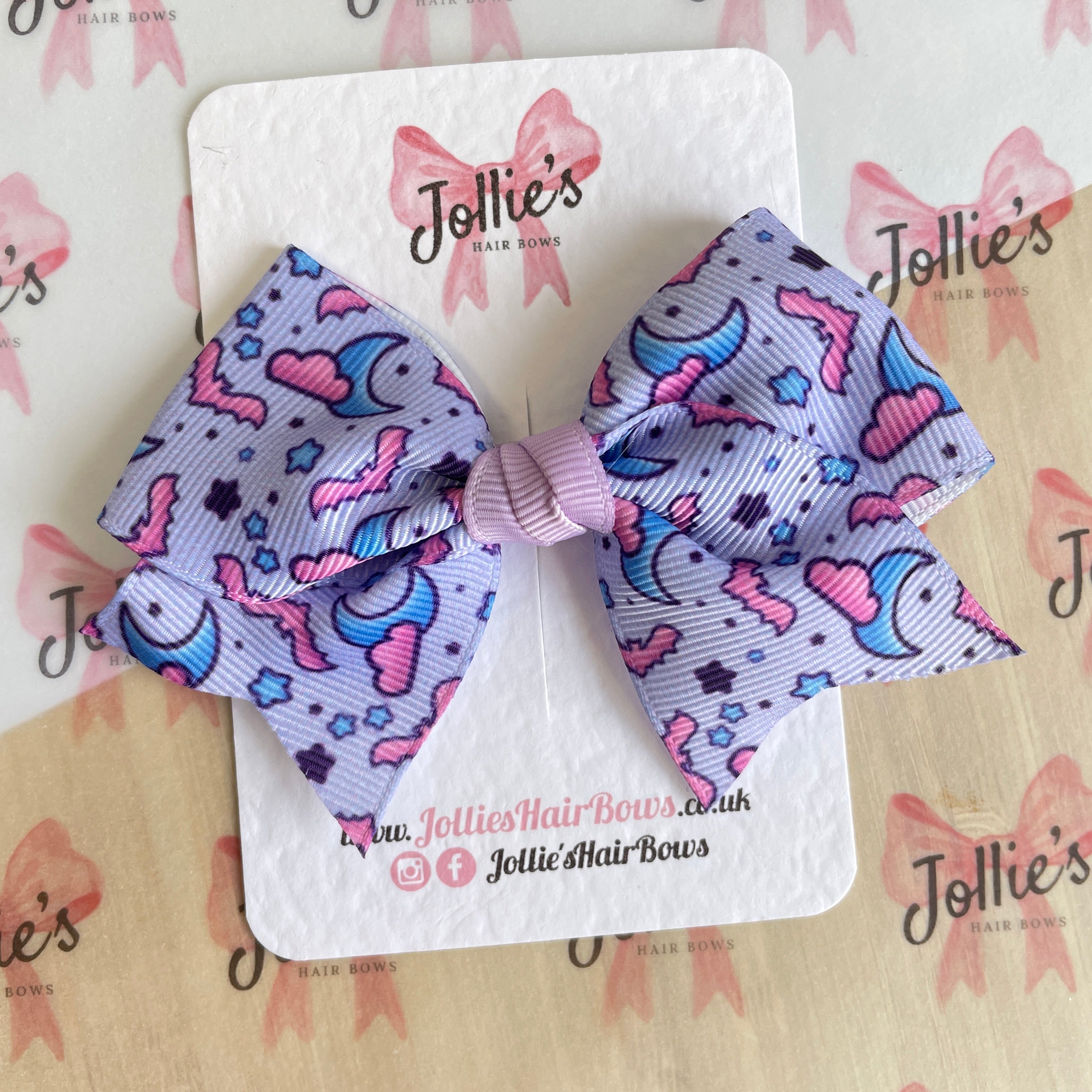 4" Purple Bat & Moon Halloween Classic Hair Bow – Grosgrain Ribbon with Lined Alligator Clip