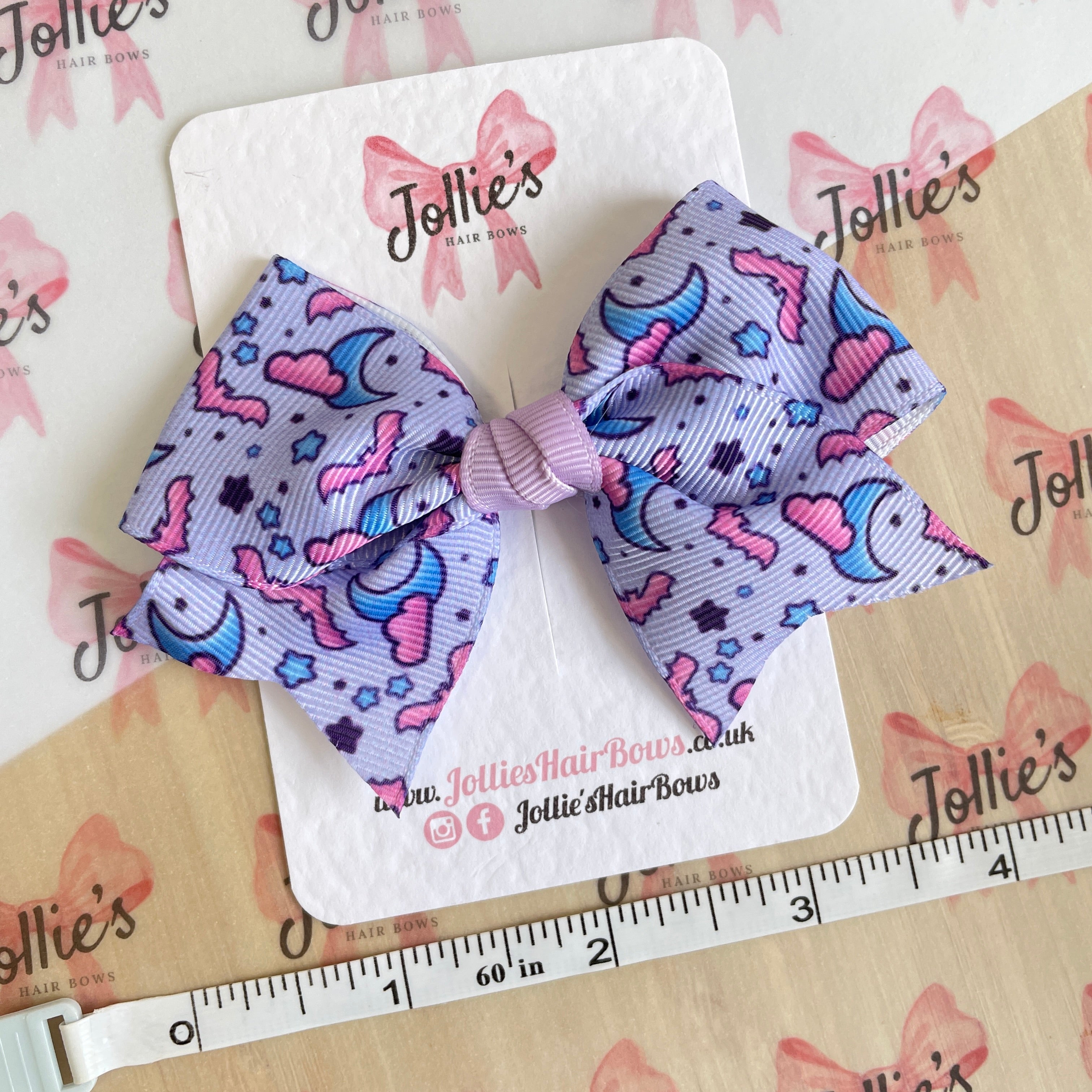 4" Purple Bat & Moon Halloween Classic Hair Bow – Grosgrain Ribbon with Lined Alligator Clip