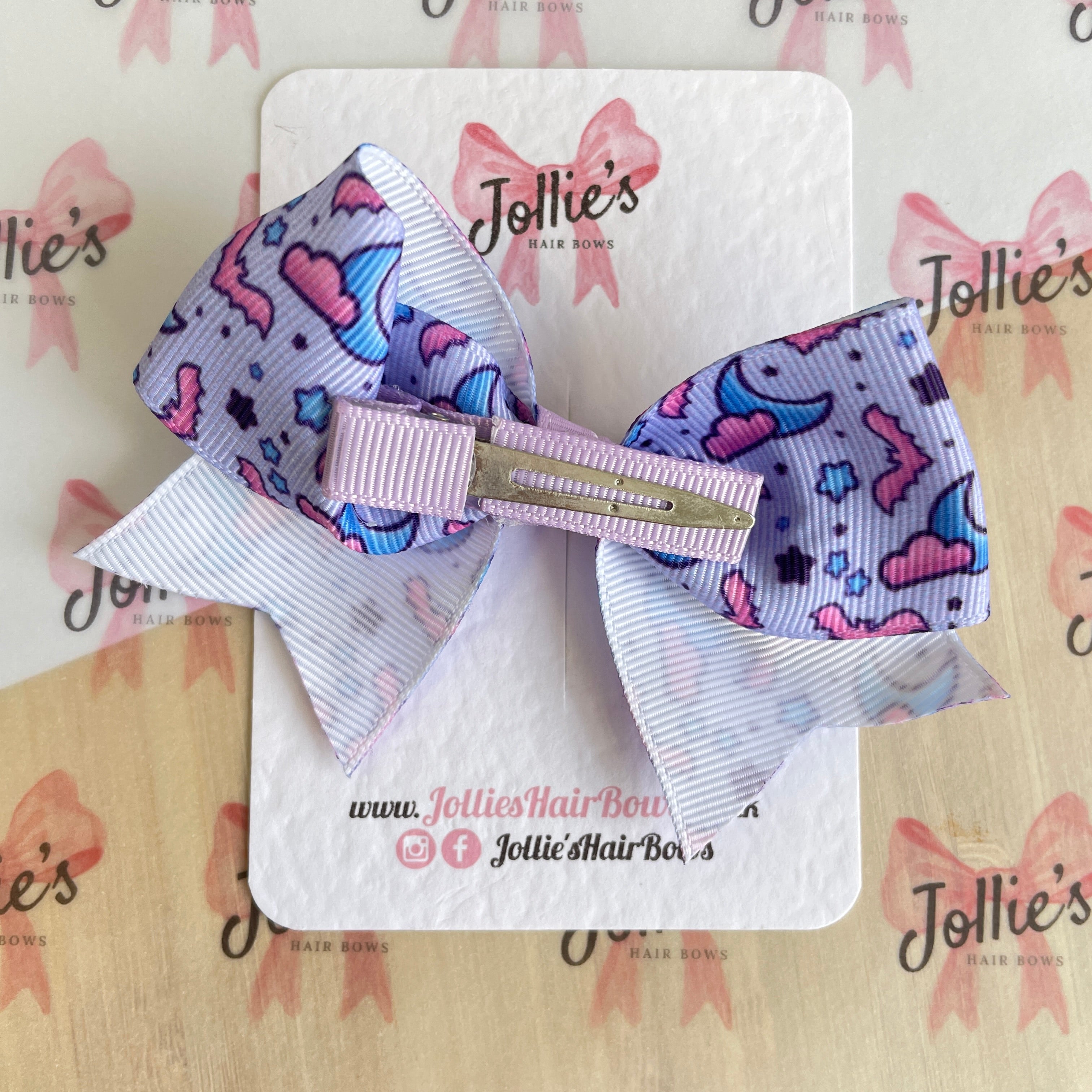 4" Purple Bat & Moon Halloween Classic Hair Bow – Grosgrain Ribbon with Lined Alligator Clip