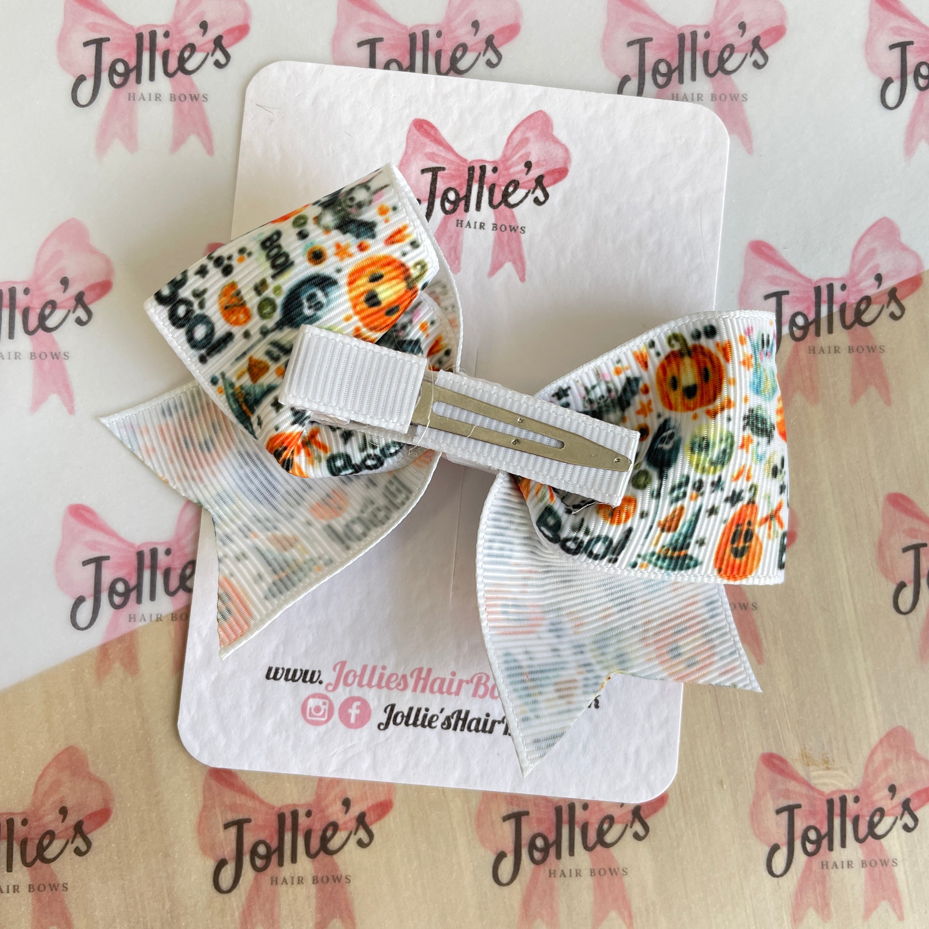 4" White Pumpkin Halloween Classic Hair Bow – Grosgrain Ribbon with Lined Alligator Clip