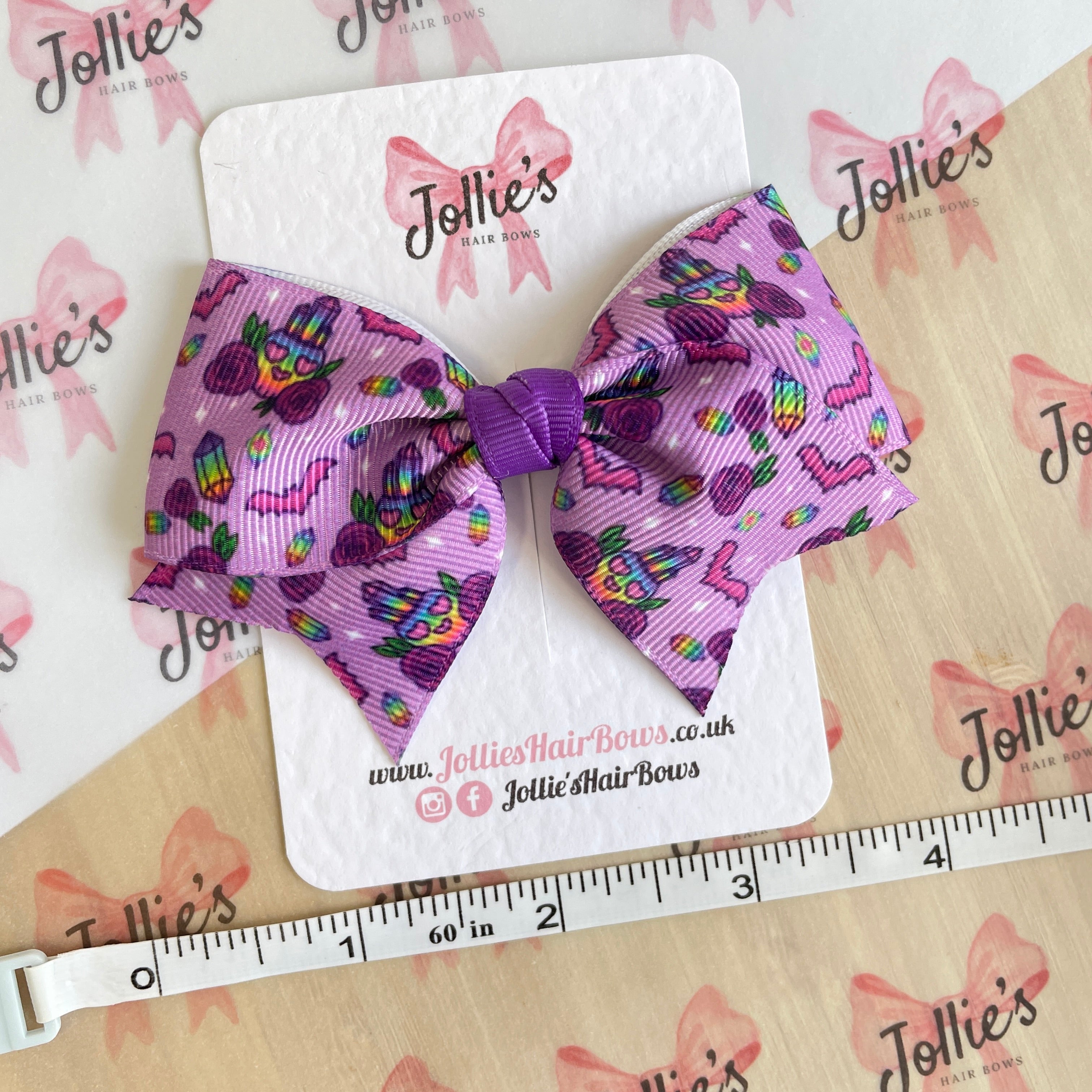 4" Purple Little Skeleton Halloween Classic Hair Bow – Grosgrain Ribbon with Lined Alligator Clip