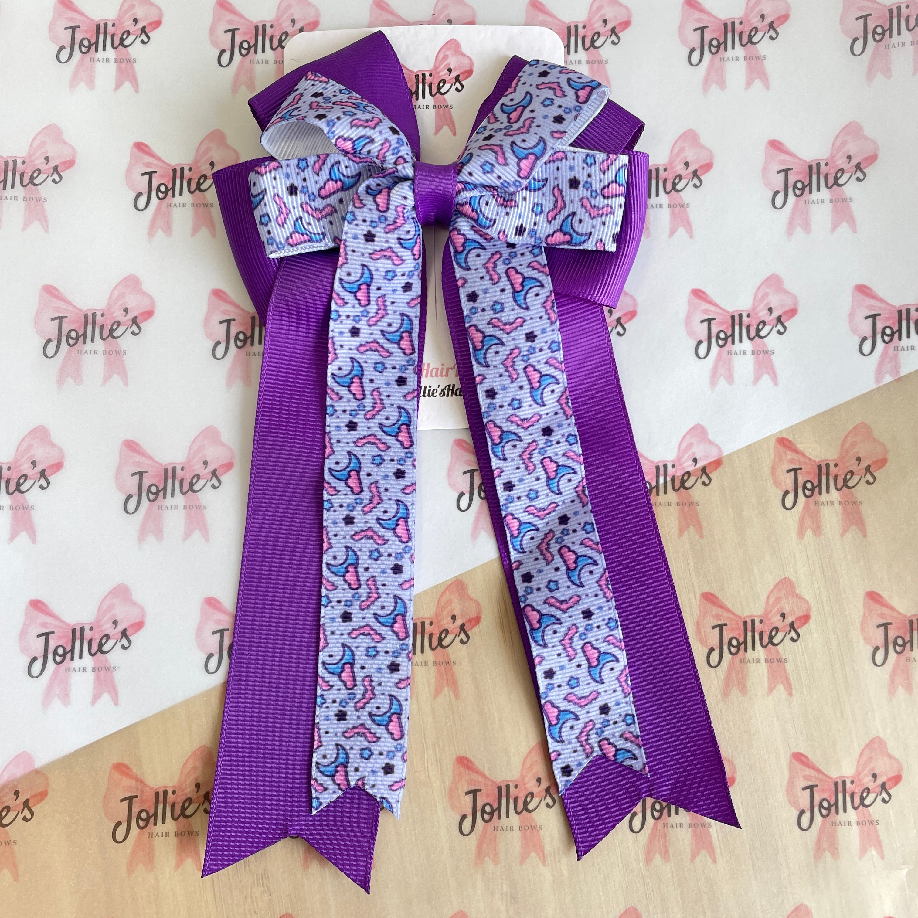 4.5" Halloween Purple Bat & Moon Double Layer Tail Bow with Clip – Grosgrain Ribbon