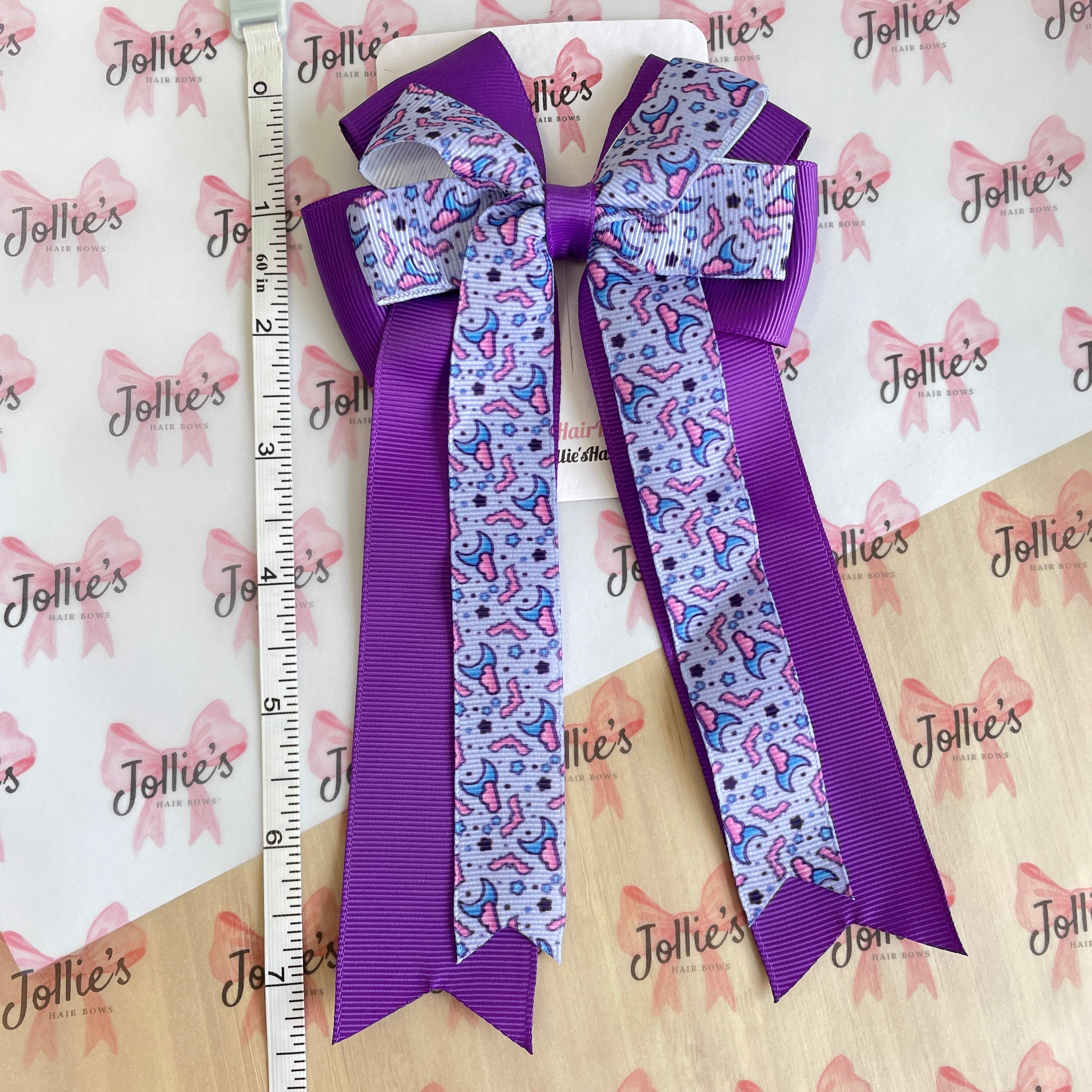 4.5" Halloween Purple Bat & Moon Double Layer Tail Bow with Clip – Grosgrain Ribbon