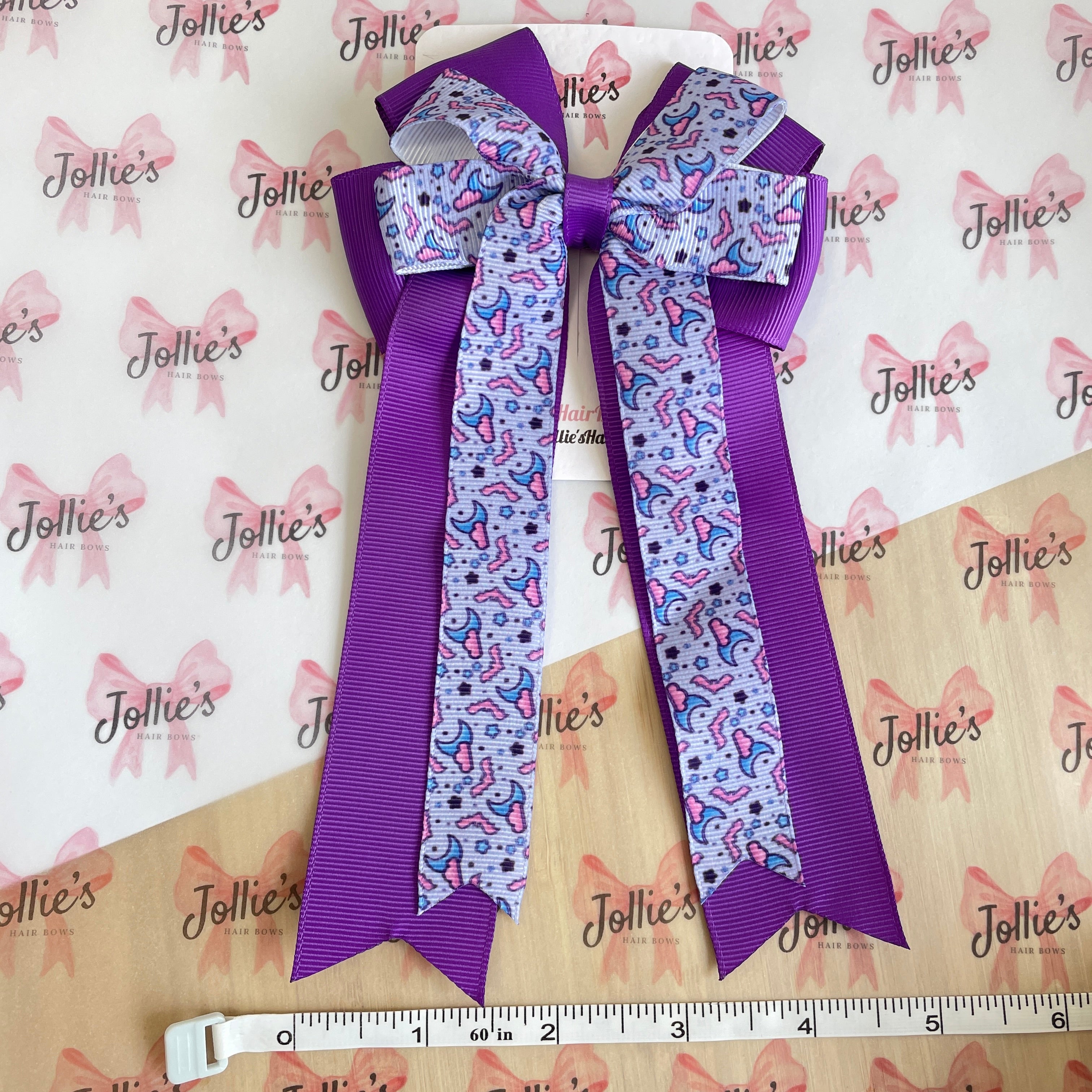 4.5" Halloween Purple Bat & Moon Double Layer Tail Bow with Clip – Grosgrain Ribbon
