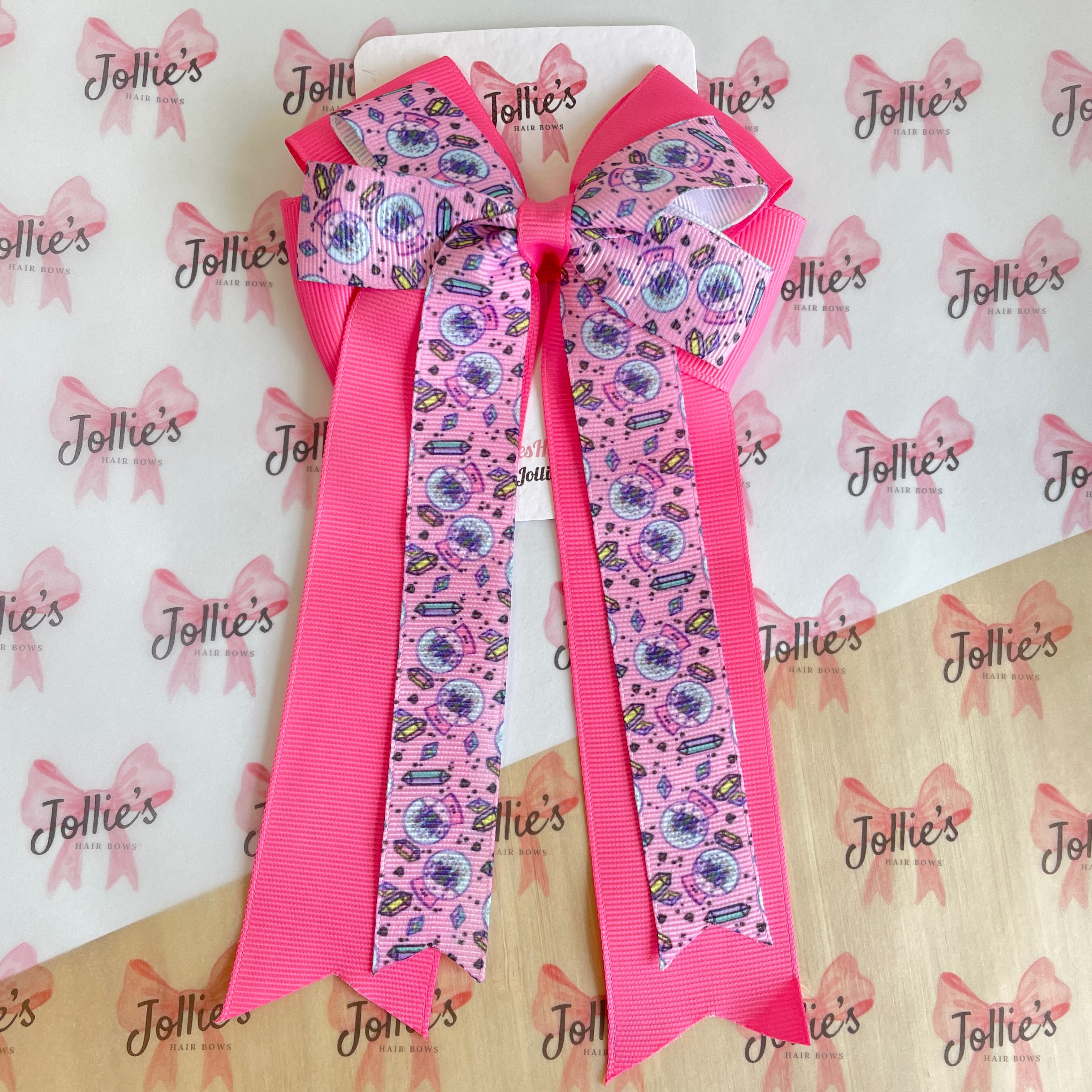 4.5" Halloween Pink Crystal Double Layer Tail Bow with Clip – Grosgrain Ribbon