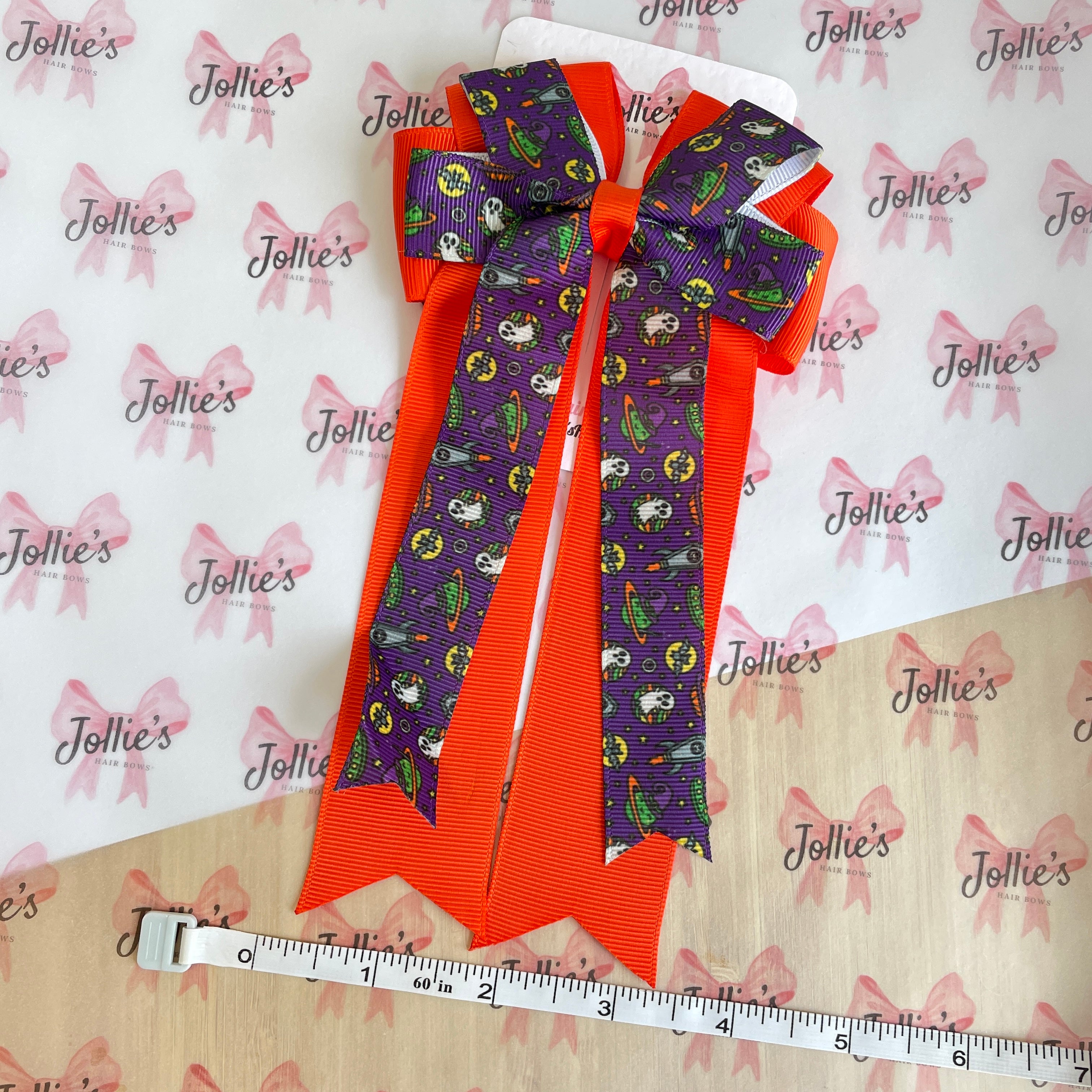 4.5" Halloween Ghost & Pumpkin Double Layer Tail Bow with Clip – Grosgrain Ribbon