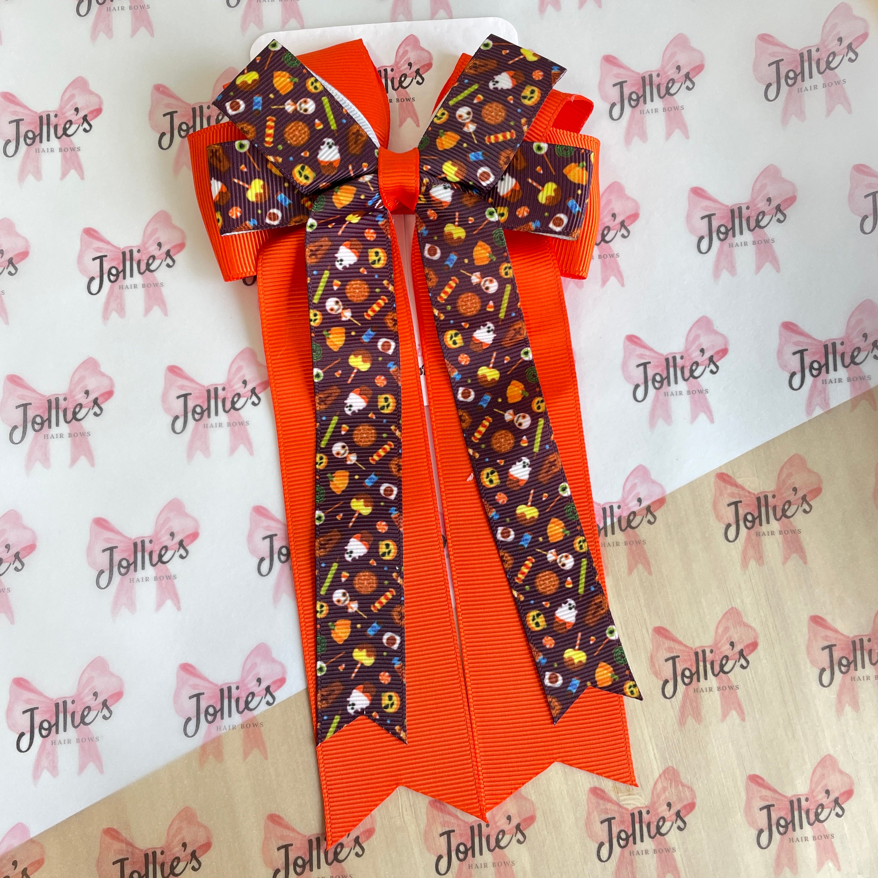 4.5" Halloween Candy & Pumpkin Double Layer Tail Bow with Clip – Grosgrain Ribbon