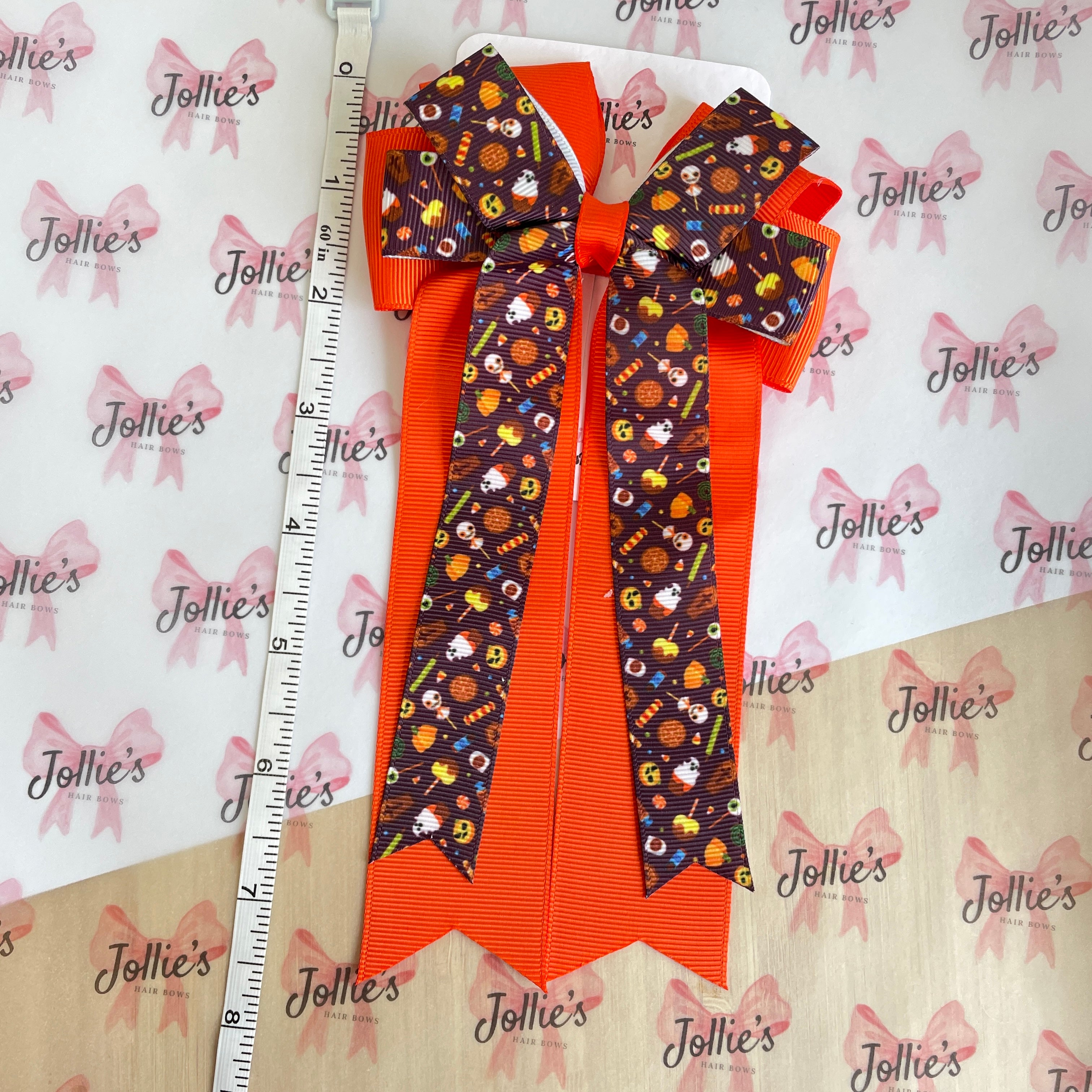 4.5" Halloween Candy & Pumpkin Double Layer Tail Bow with Clip – Grosgrain Ribbon