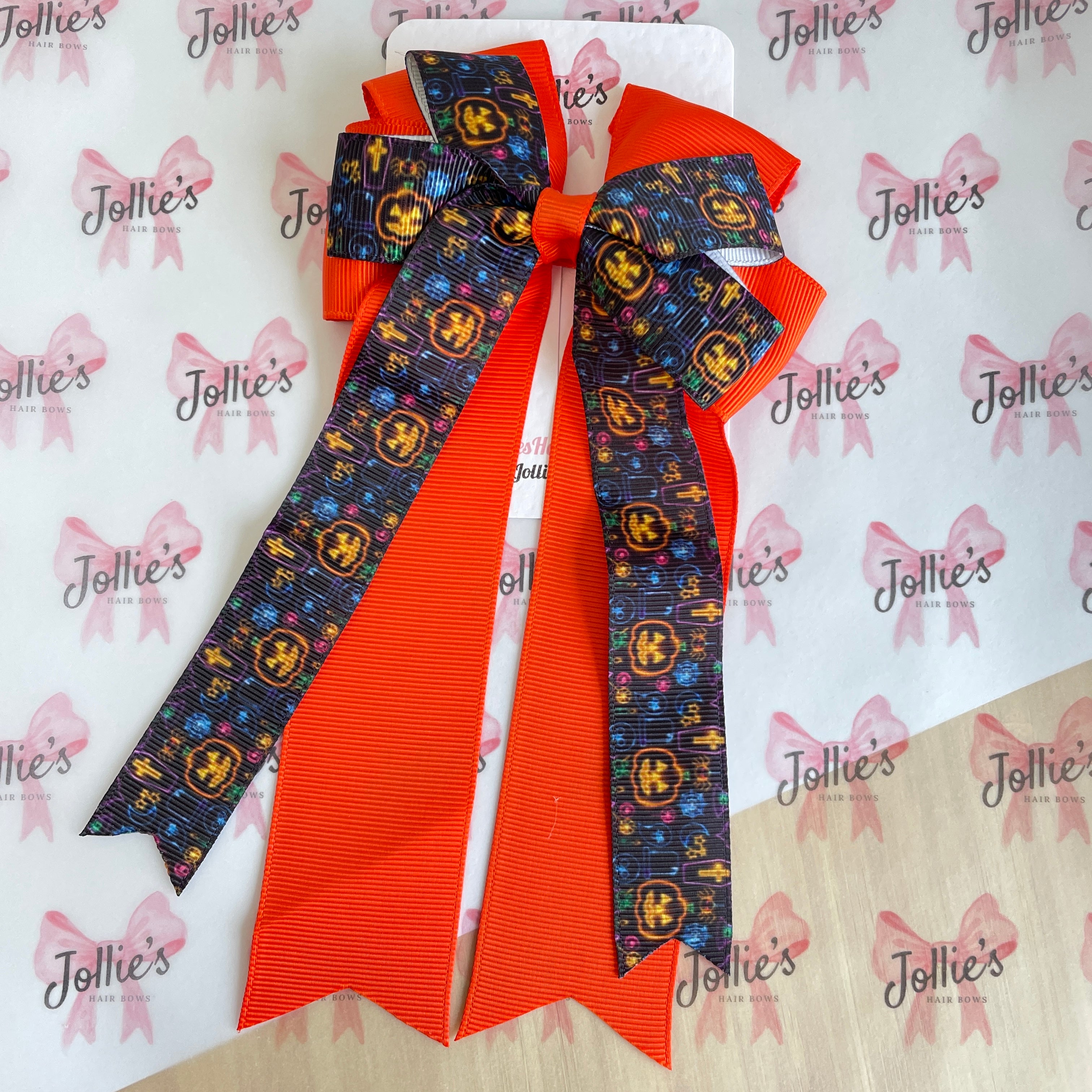 4.5" Halloween Neon Pumpkin Double Layer Tail Bow with Clip – Grosgrain Ribbon