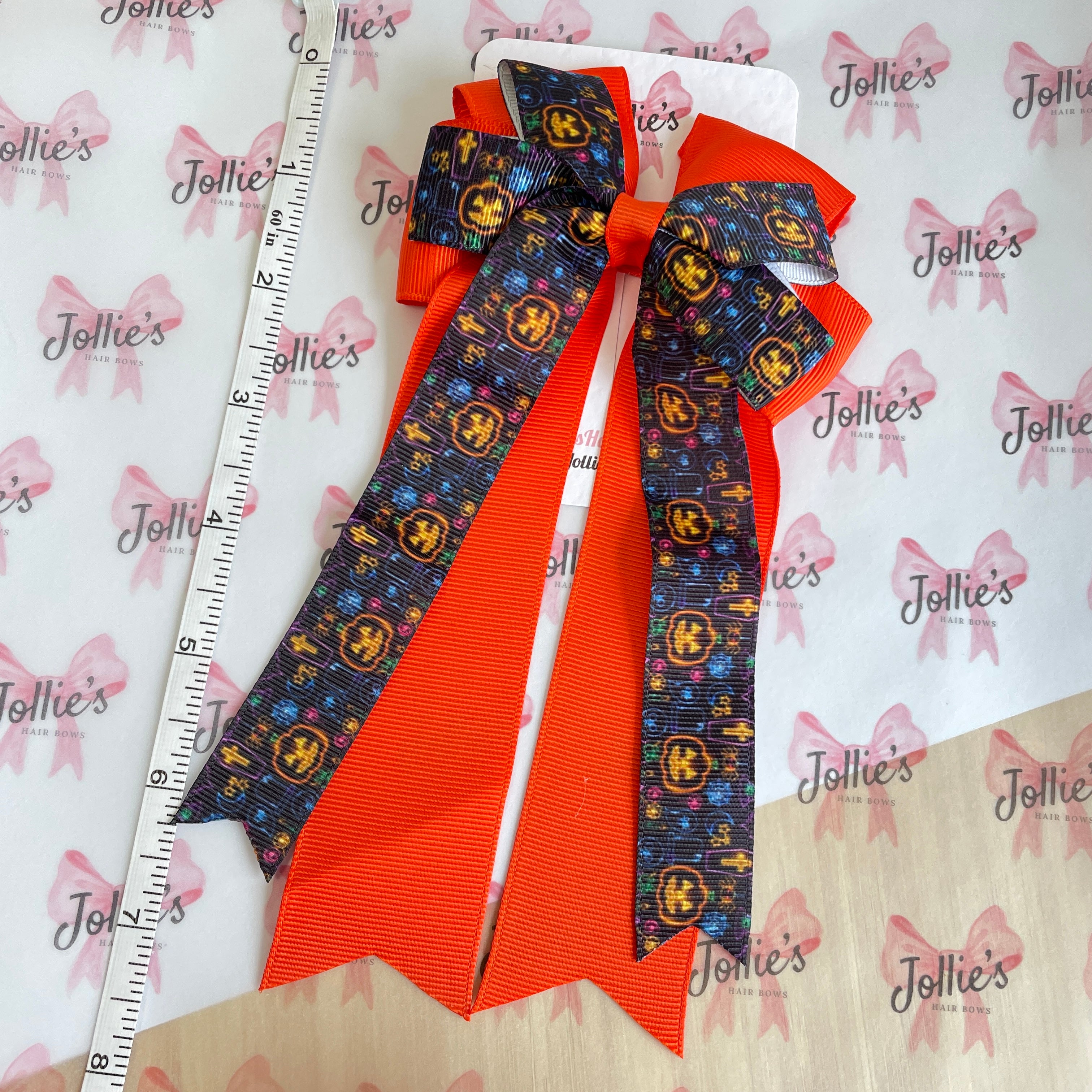 4.5" Halloween Neon Pumpkin Double Layer Tail Bow with Clip – Grosgrain Ribbon