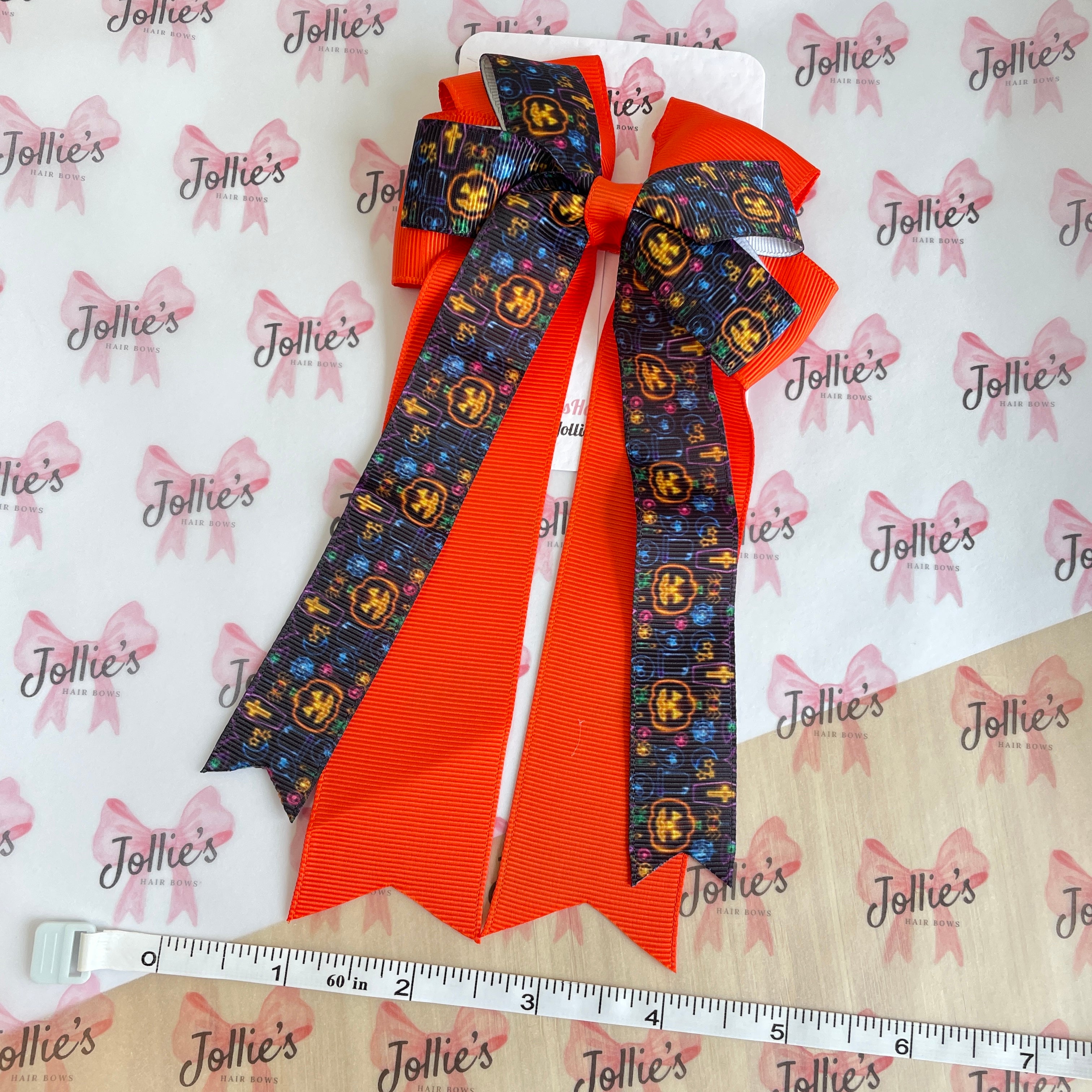4.5" Halloween Neon Pumpkin Double Layer Tail Bow with Clip – Grosgrain Ribbon