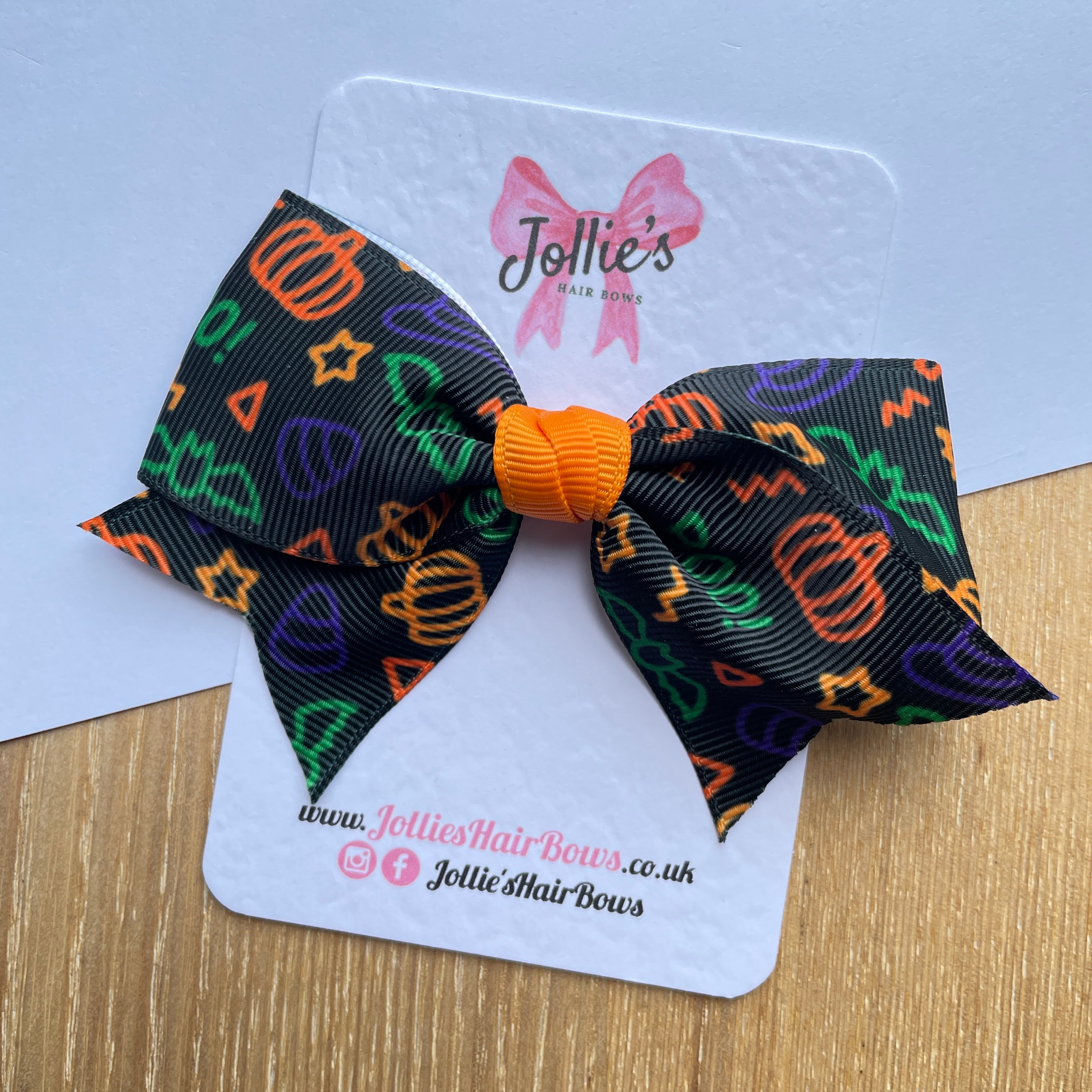 4" Halloween Pumpkin Print Classic Hair Bow – Black Grosgrain Ribbon with Orange Centre & Lined Alligator Clip