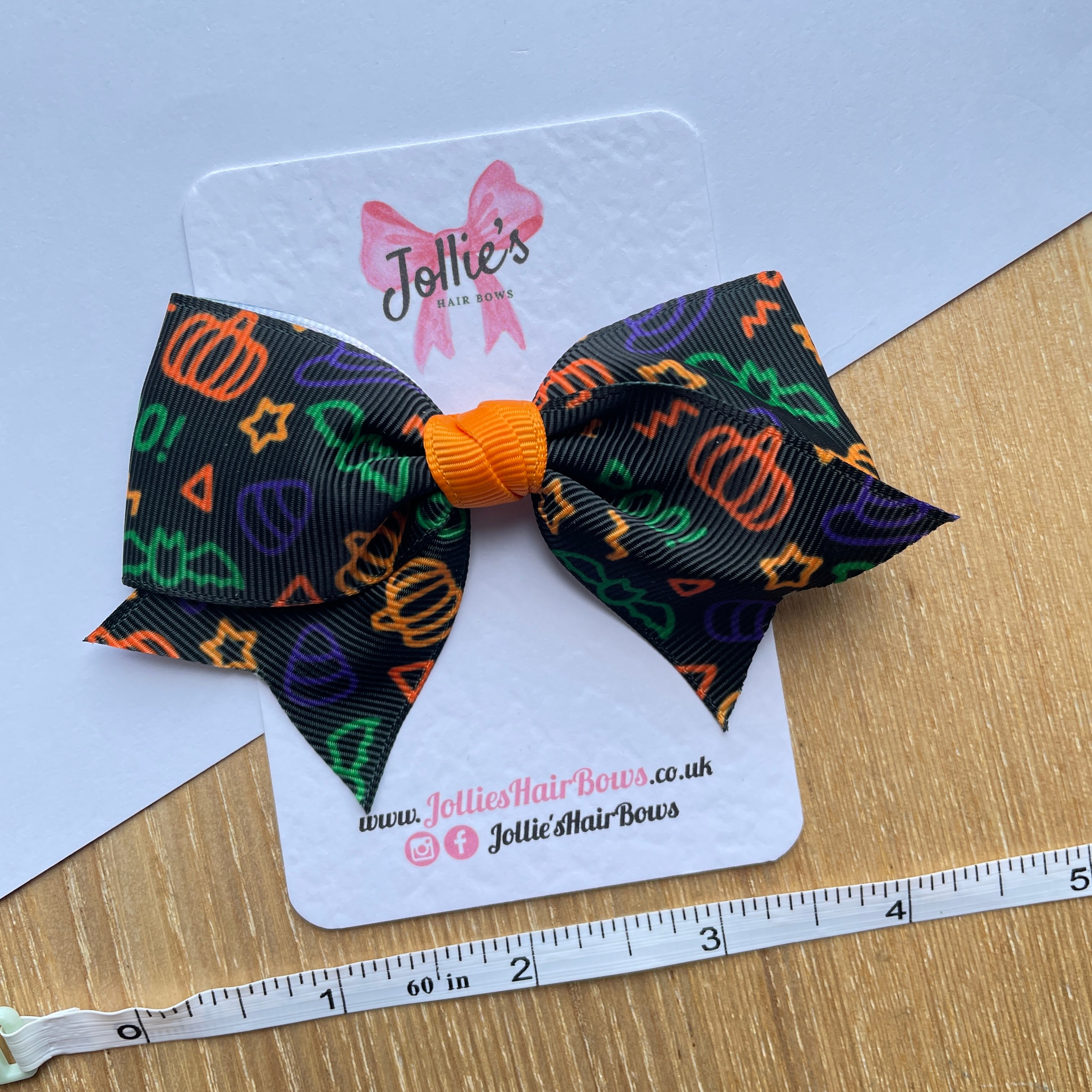 4" Halloween Pumpkin Print Classic Hair Bow – Black Grosgrain Ribbon with Orange Centre & Lined Alligator Clip