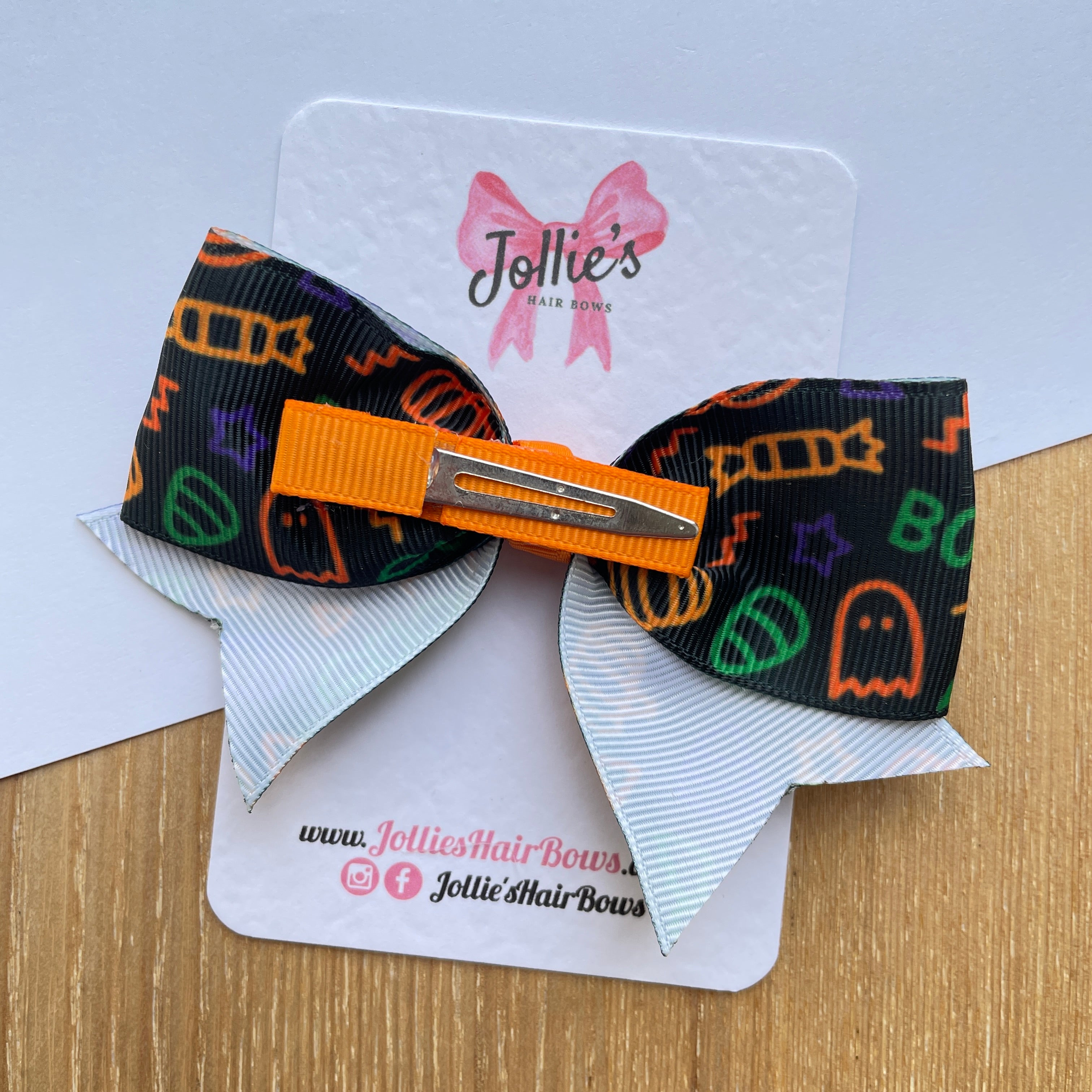 4" Halloween Pumpkin Print Classic Hair Bow – Black Grosgrain Ribbon with Orange Centre & Lined Alligator Clip