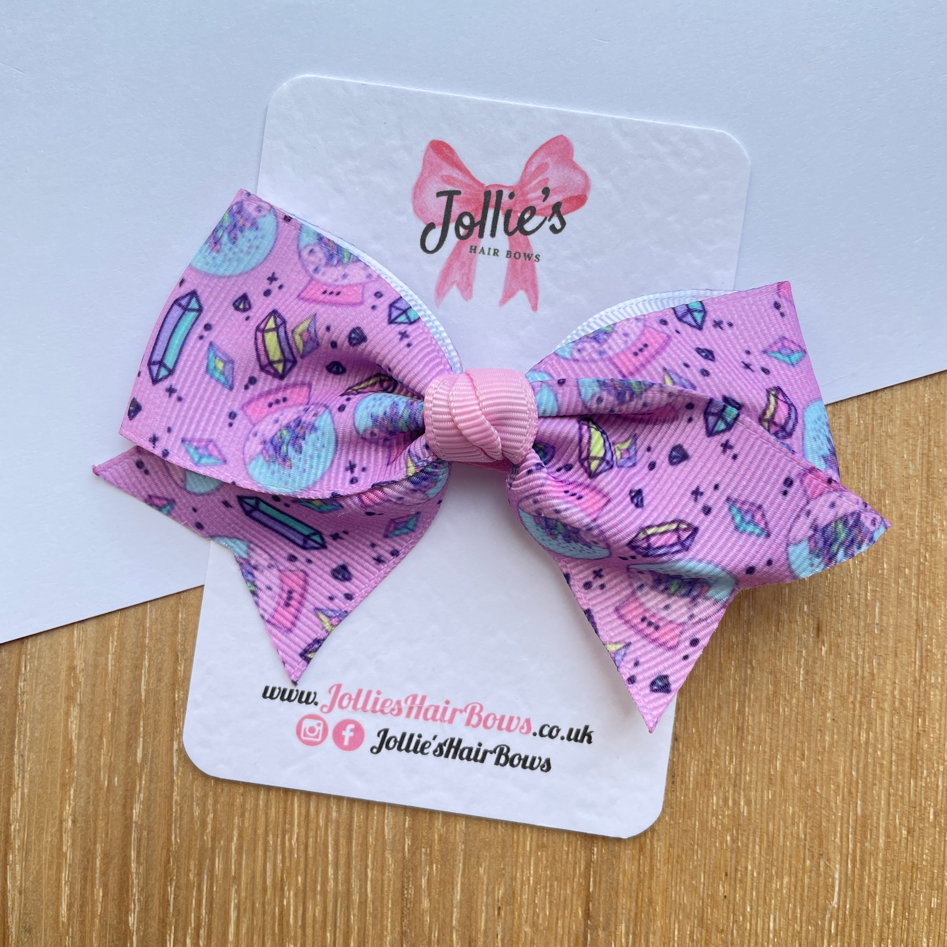 4" Pink Crystal Print Classic Hair Bow – Grosgrain Ribbon with Lined Alligator Clip