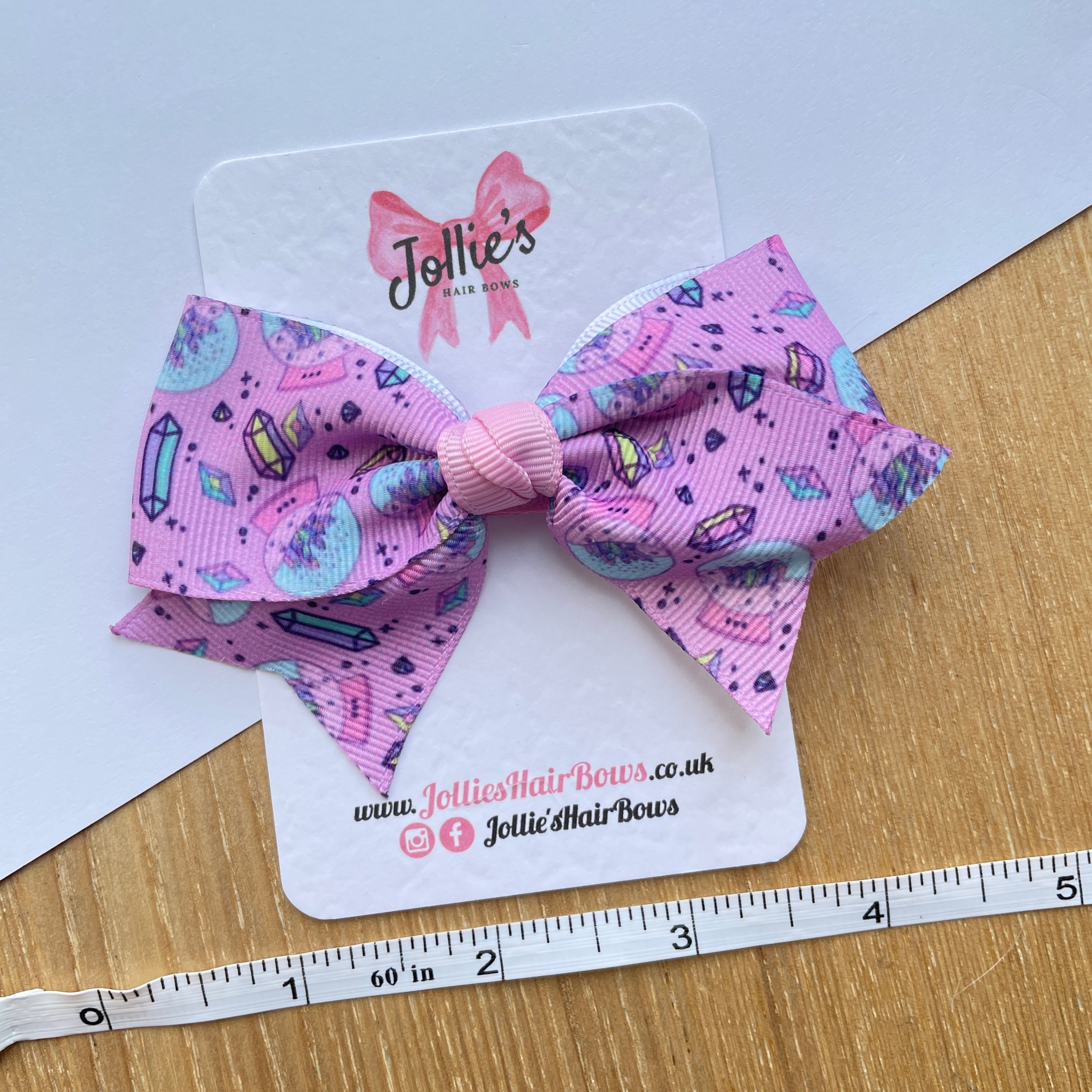 4" Pink Crystal Print Classic Hair Bow – Grosgrain Ribbon with Lined Alligator Clip